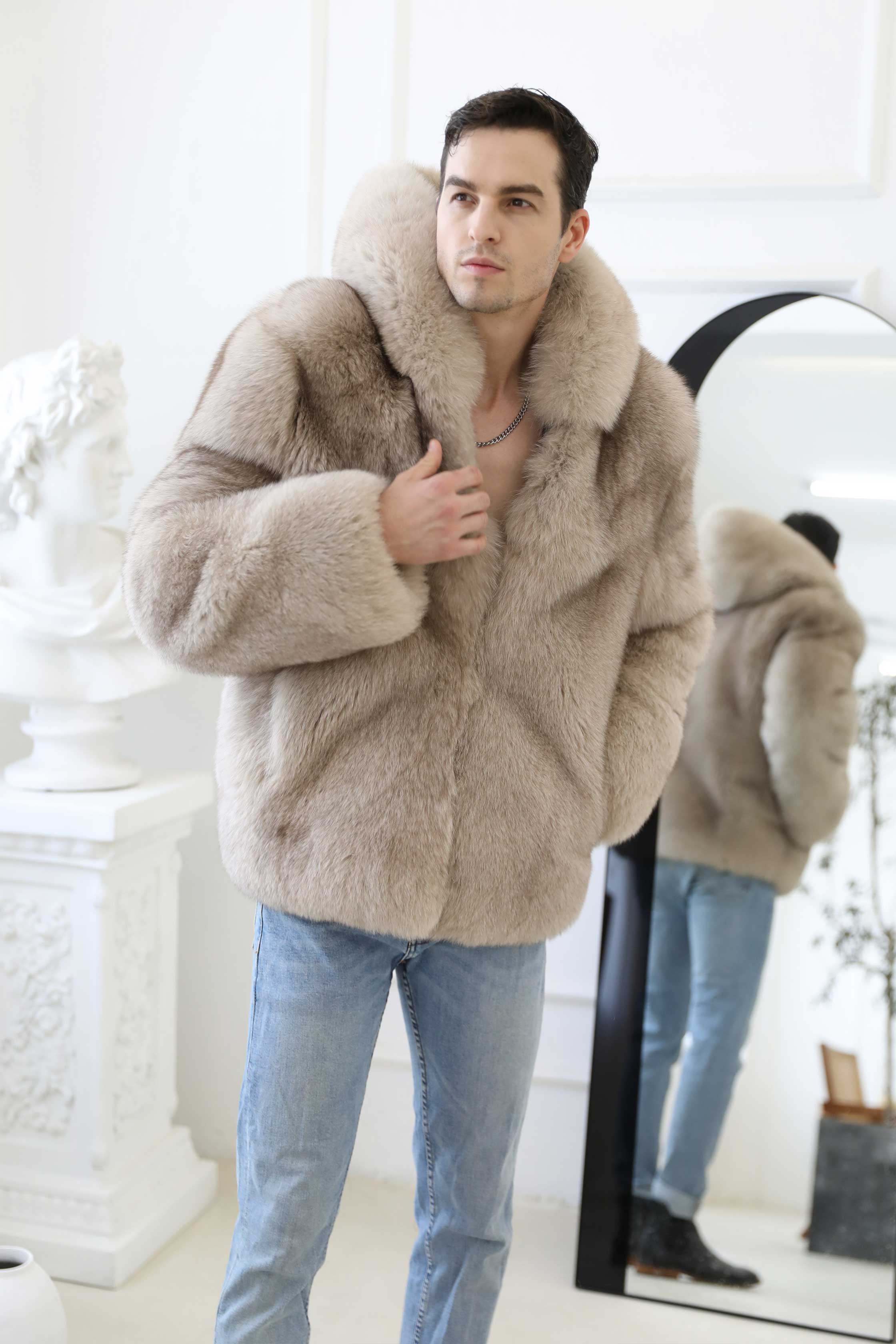 Fashionable Warm Winter Real Fox Fur Thick Jacket Solid Colour Hoodie - Janefur