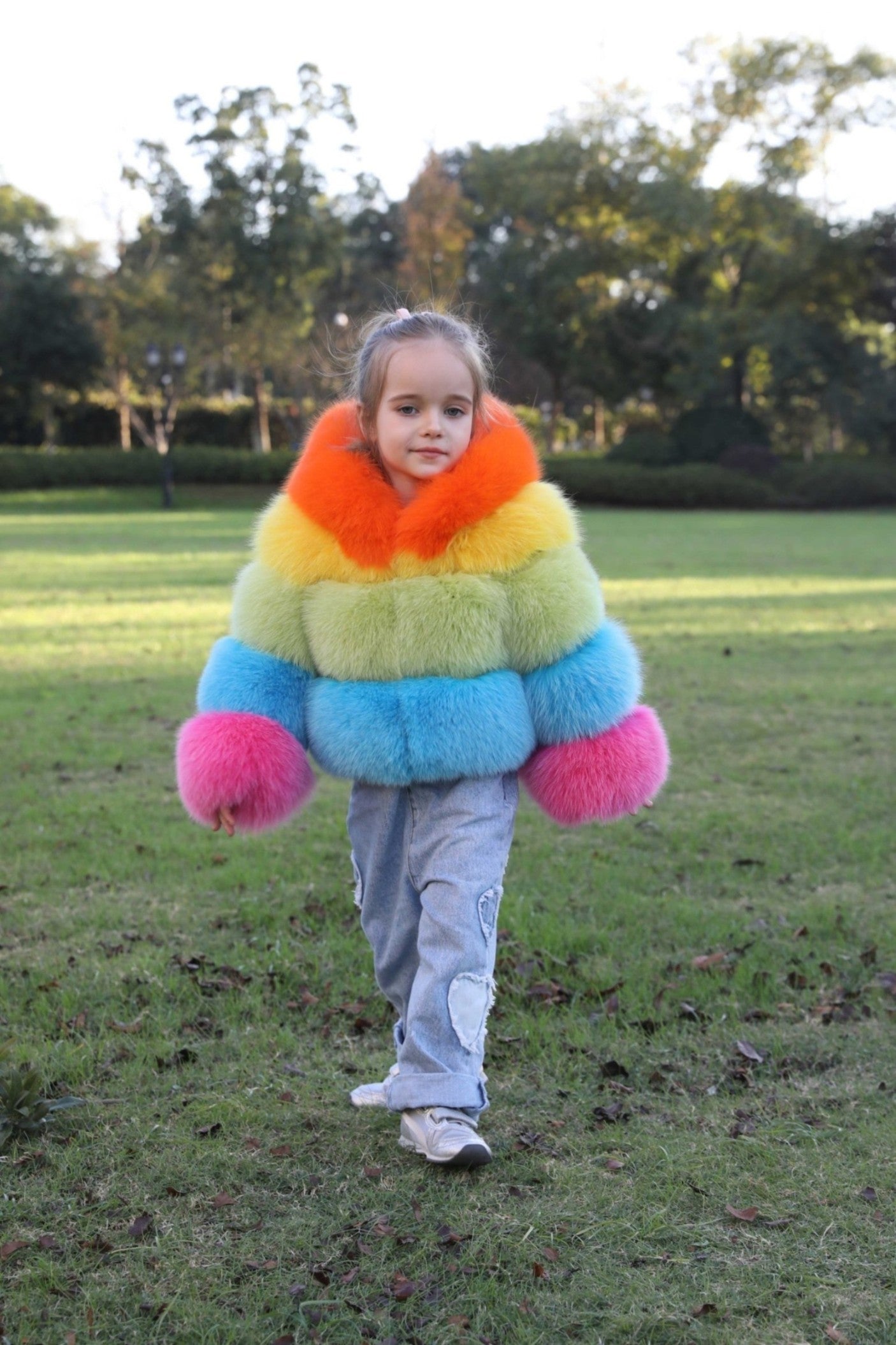New Children's Winter Three Sections Splicing Fox Fur Hooded Coat Colorful Coat - Janefur