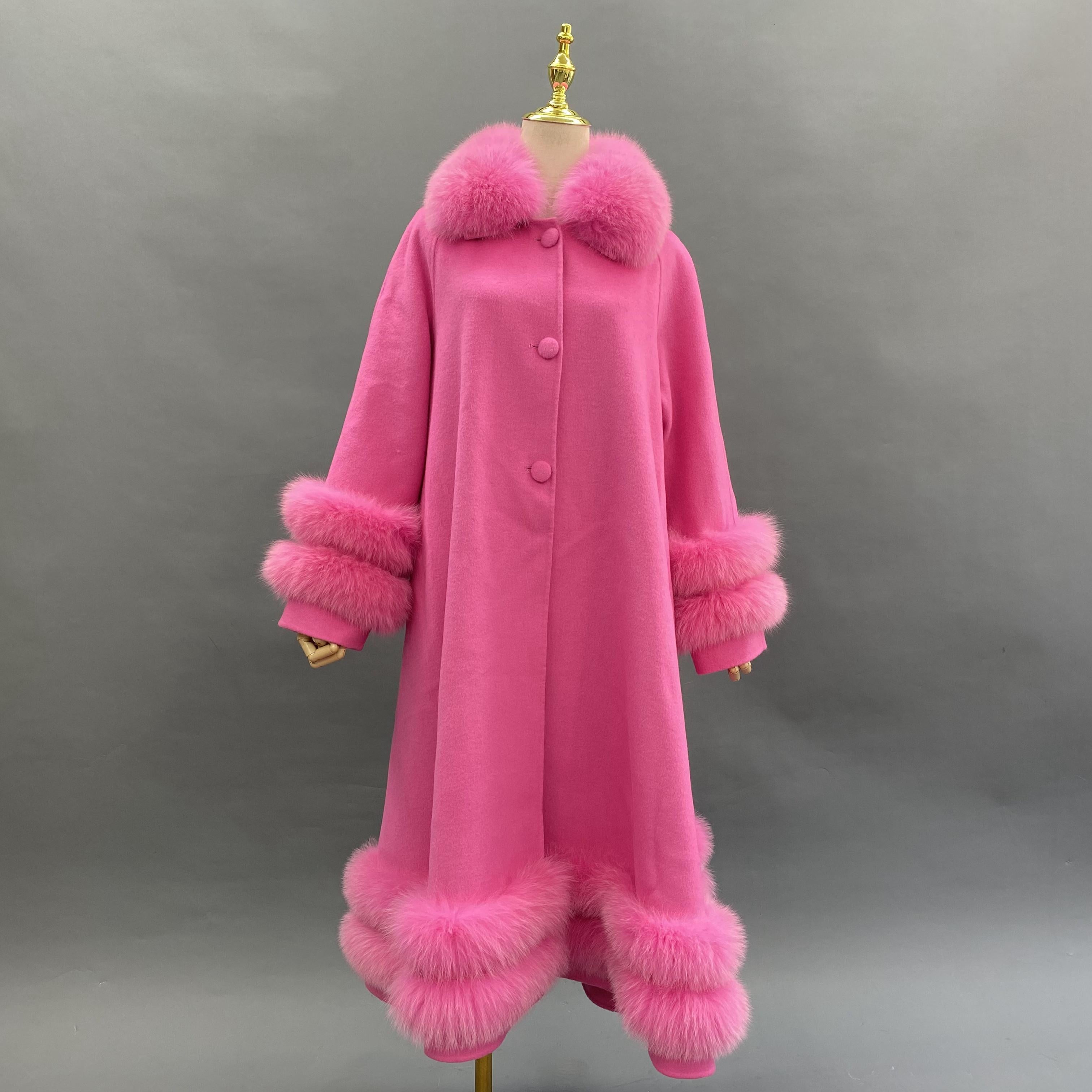 Women's Double Sided Cashmere Coat with Two Sections of Fur Collar at Hem and Cuffs - Janefur