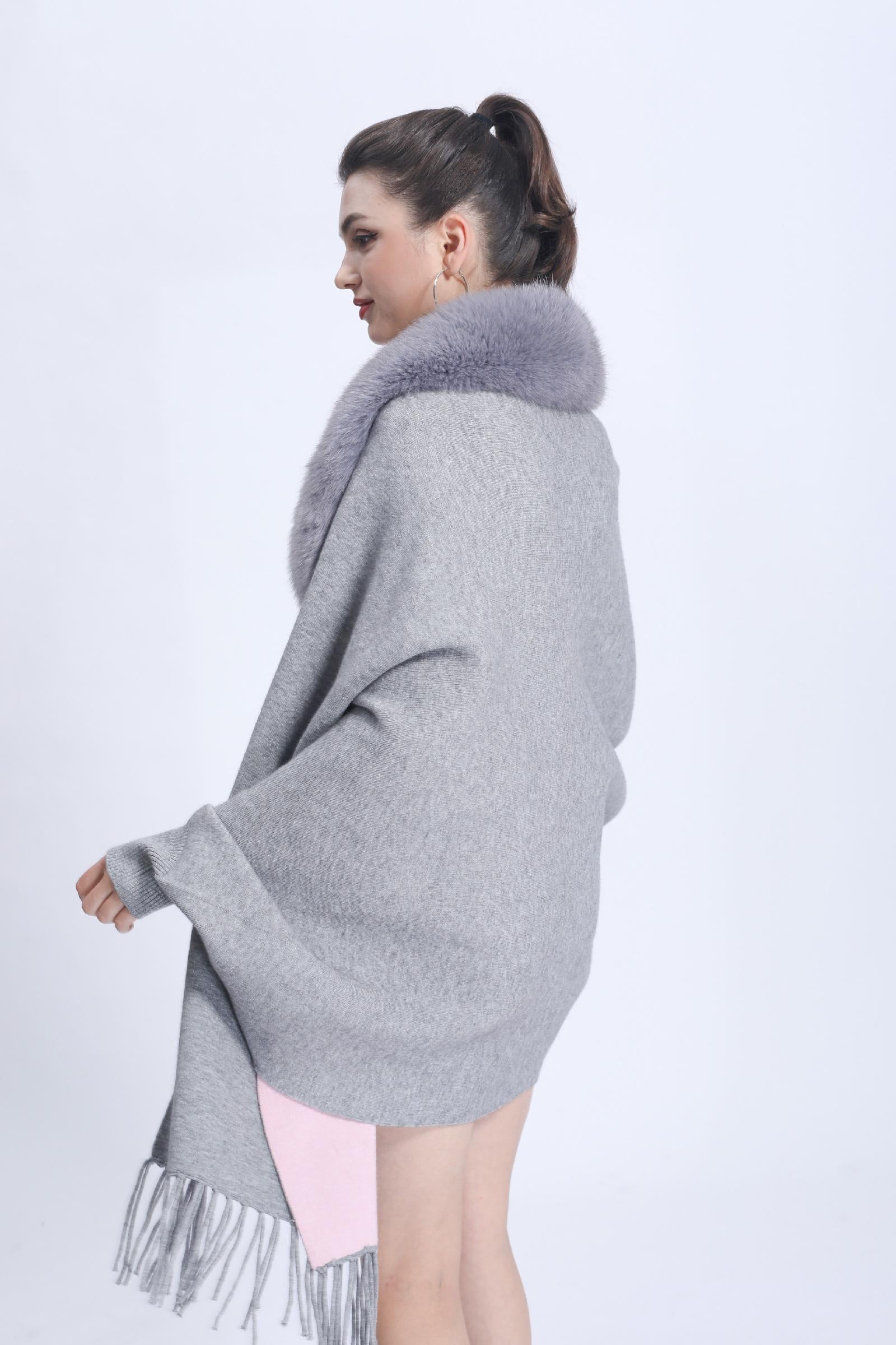 Women's Elegant Shawl with Fur Trim Reversible Two-Tone Cape Ribbed Cuffs Cape - Janefur