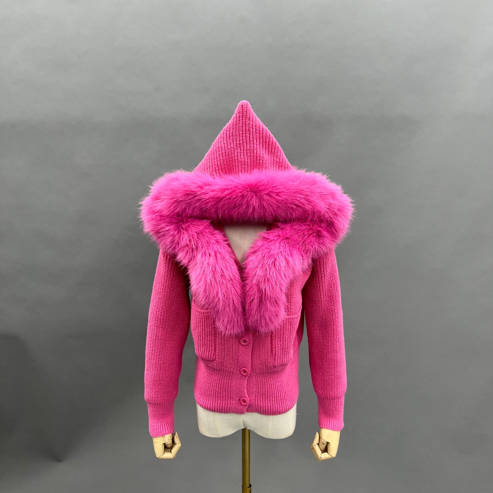 Women's Knitted Hooded Faux Fur Collar Active Fashion Jacket - Janefur