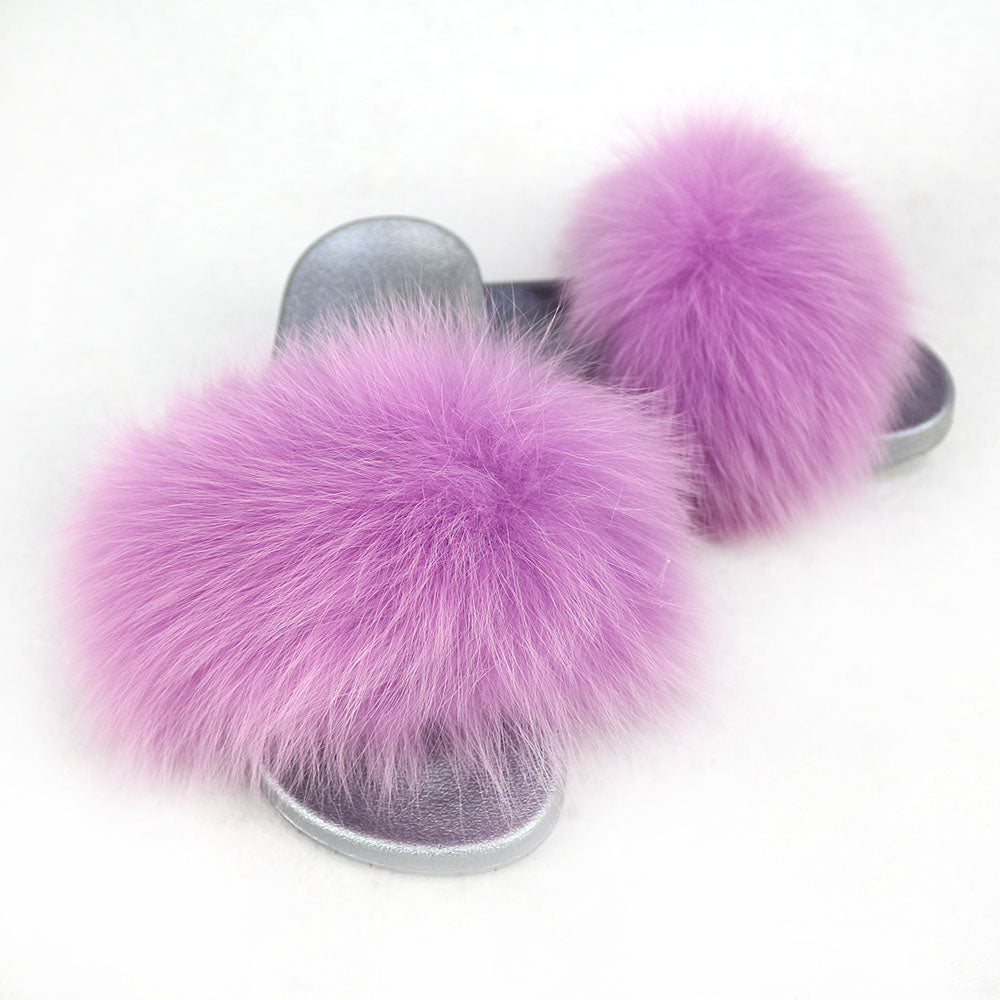 Janefur Wholesale Women's Fashion Slippers With Real Fox Fur Trim (Black, Gold, Silver Soles)