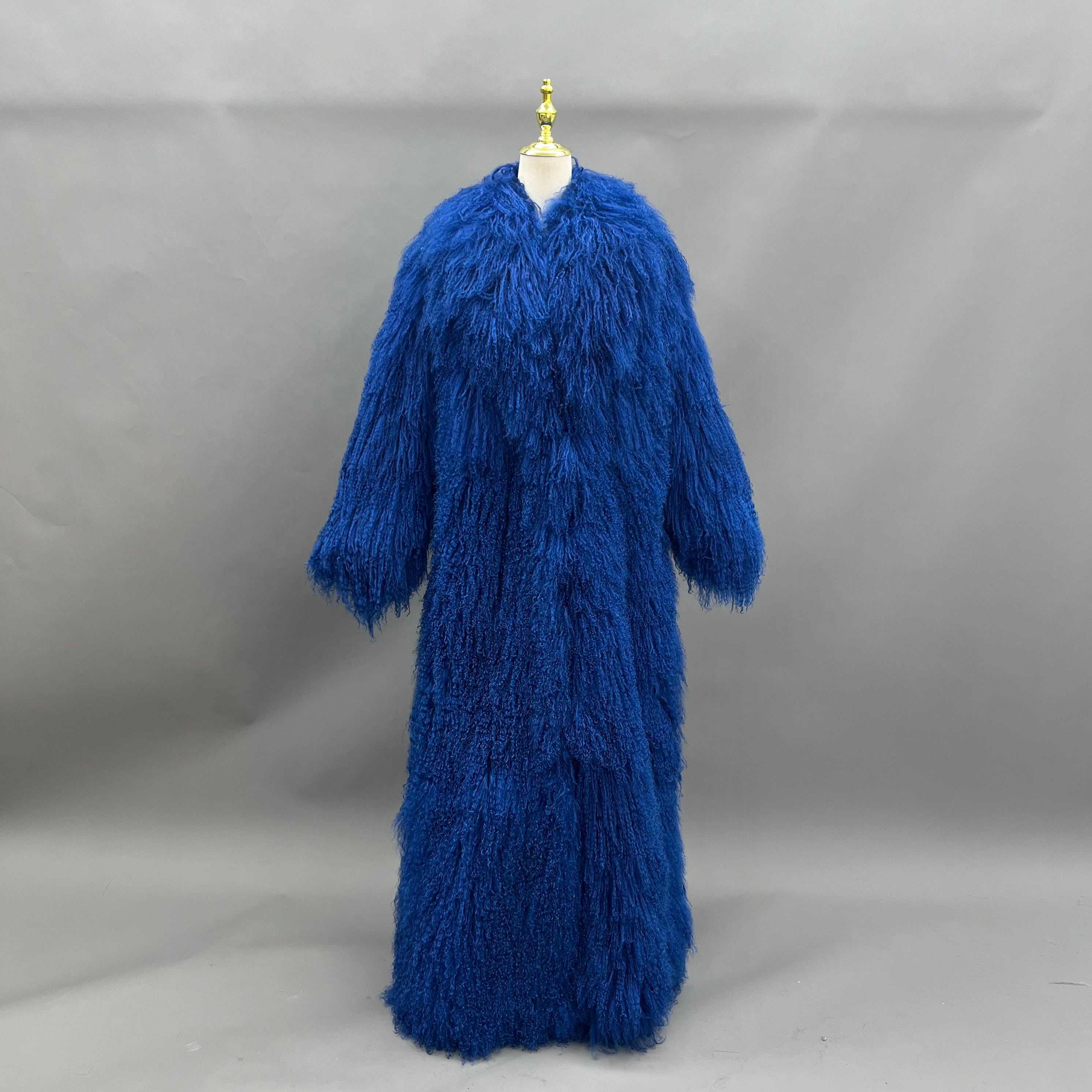 Men's Long Emerald Green Mongolian Lamb Fur Coat – Notch Lapel, Full-Length Winter Outerwear, Luxury Curly Hair Jacket for Men 16#Navy