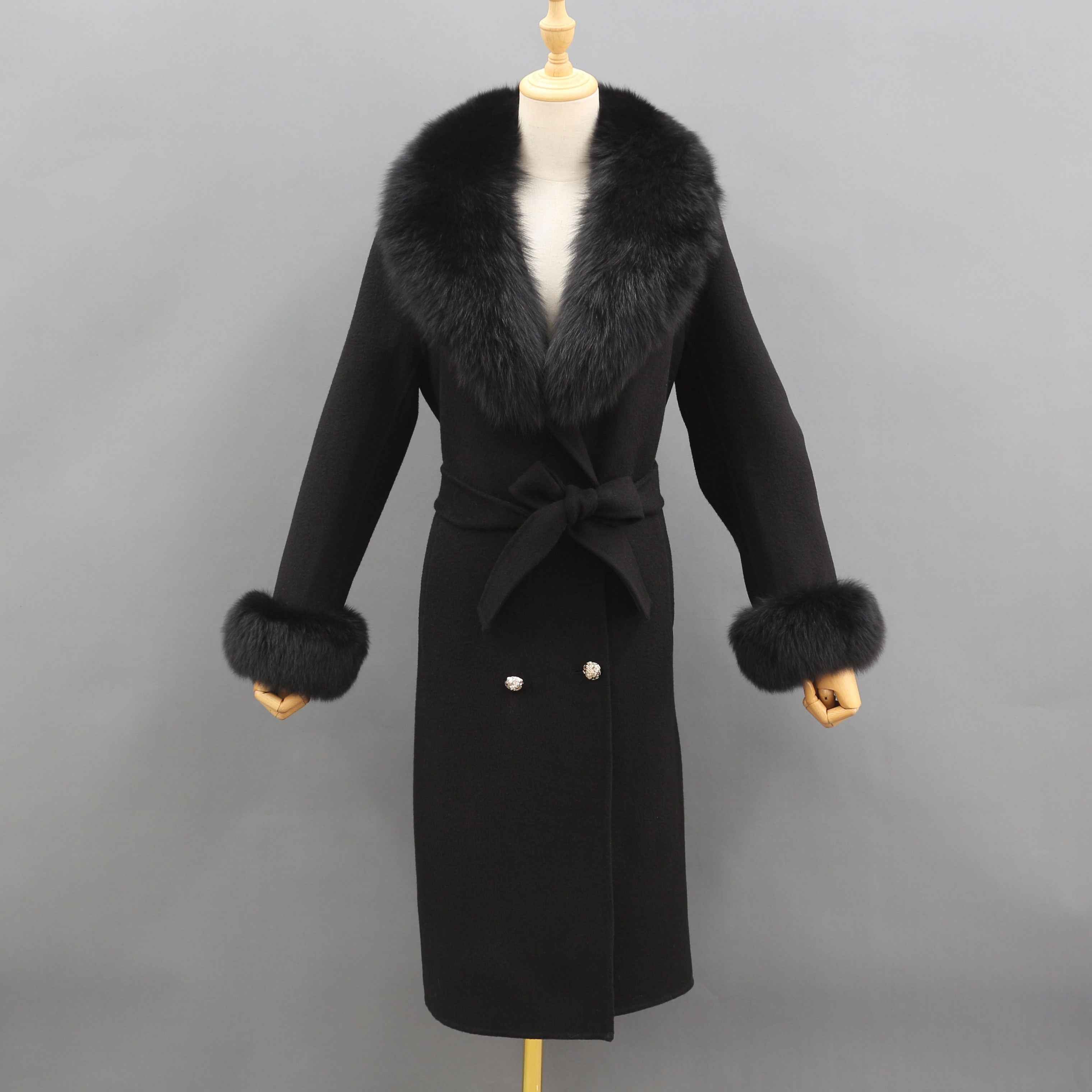 Women's Large Fox Fur Lapel Warm Cashmere Jacket - Janefur