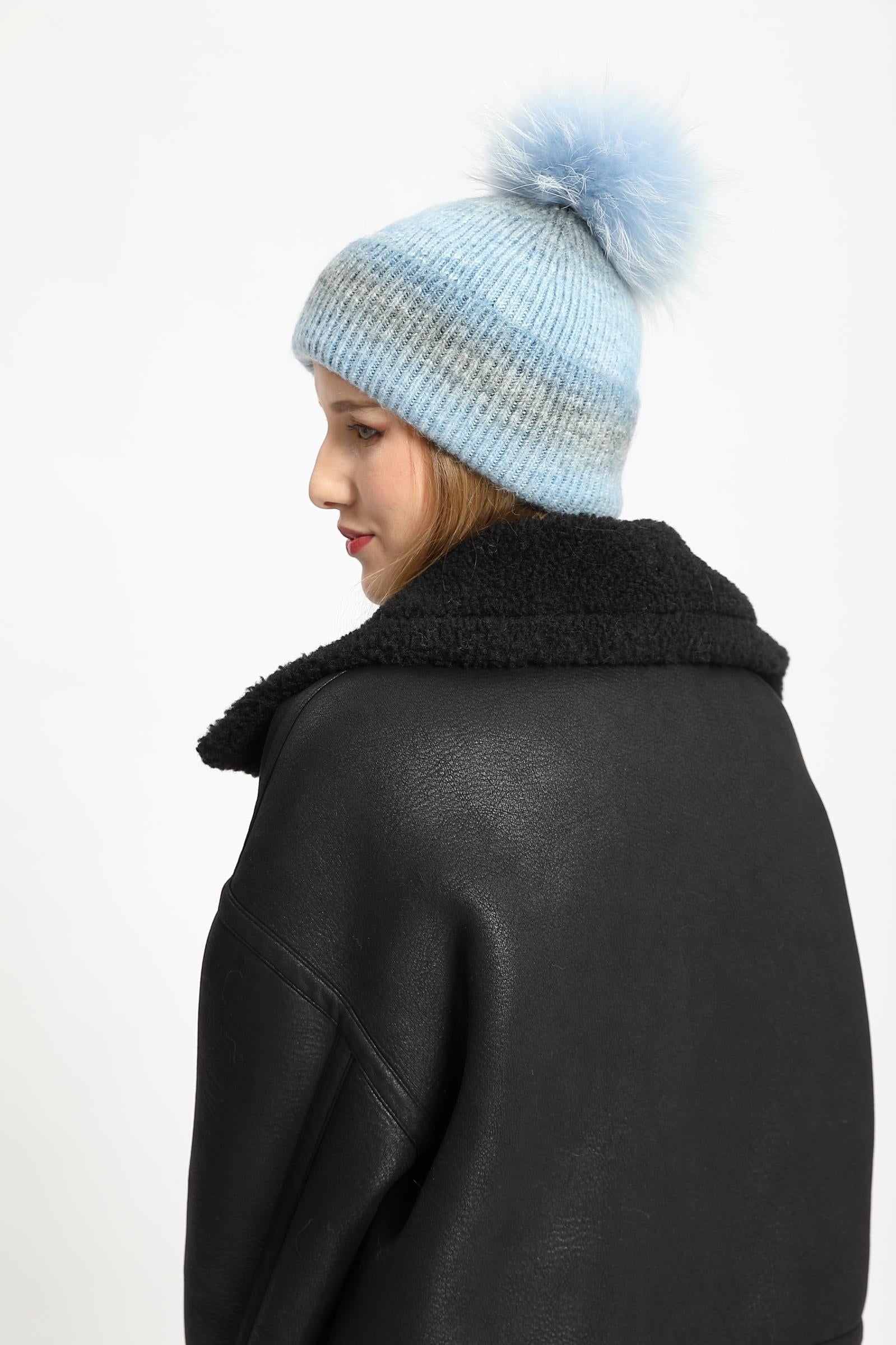 Gradient Wool Hat with Fur Pom Pom Women Hat - Janefur