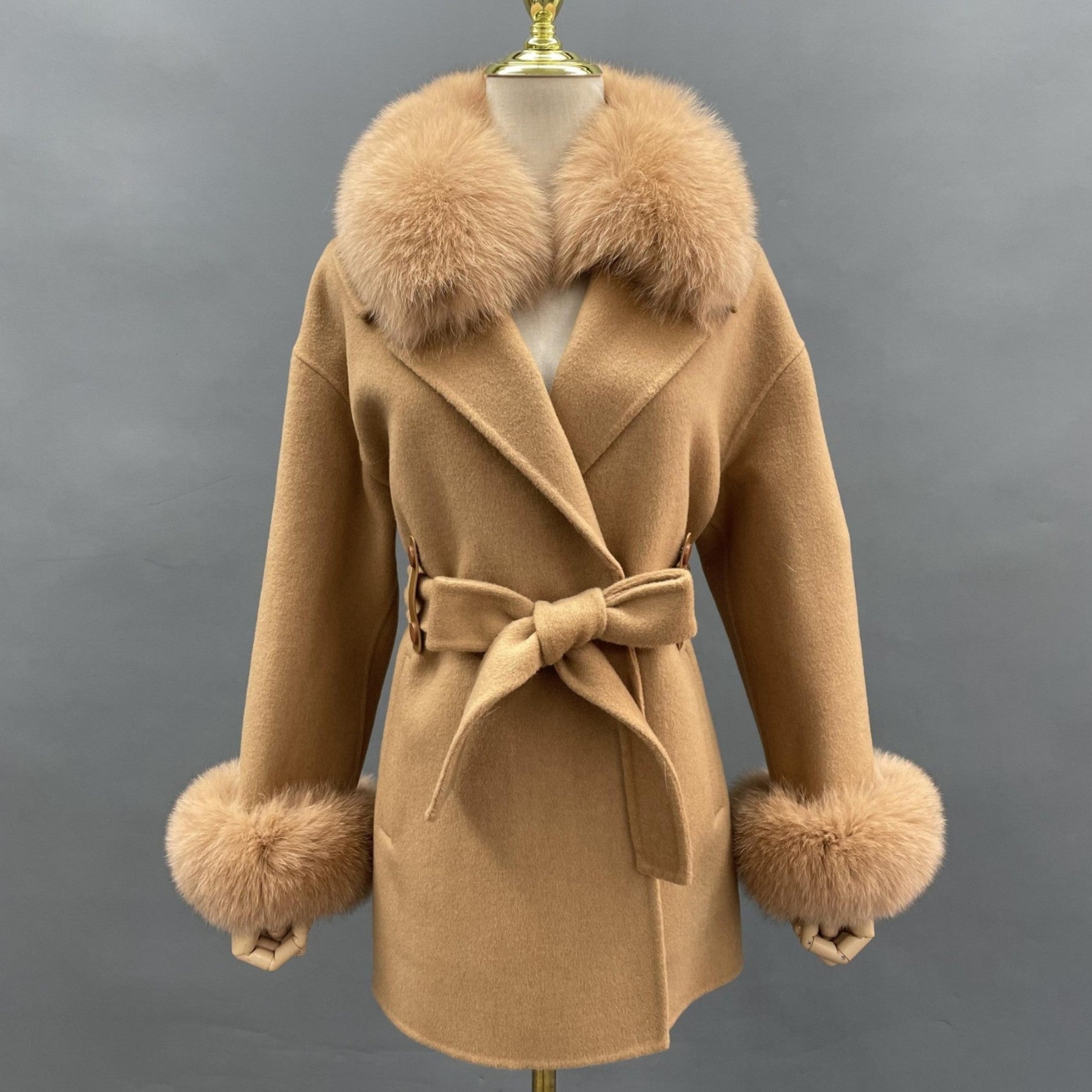 Trendy New Style Fox Fur Collar Short Cashmere Coat For Women - Janefur
