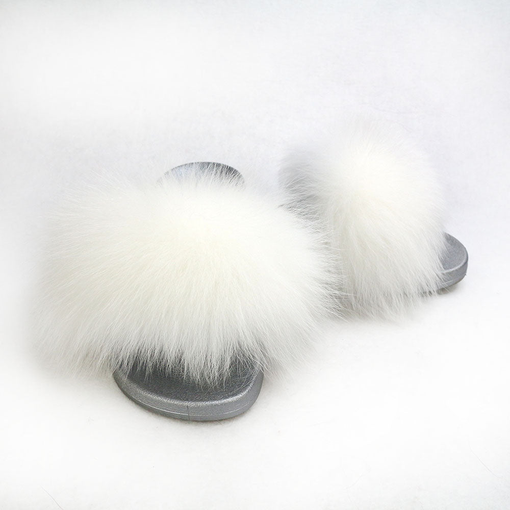 Janefur Wholesale Women's Fashion Slippers With Real Fox Fur Trim (Black, Gold, Silver Soles)