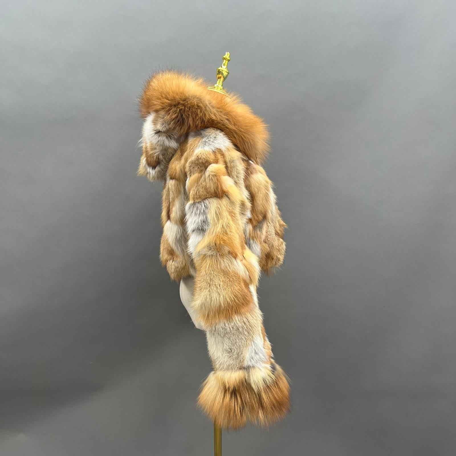 Fox Fur Coat for Women Luxurious Fox Fur Placket Hooded Zippered Jacket - Janefur