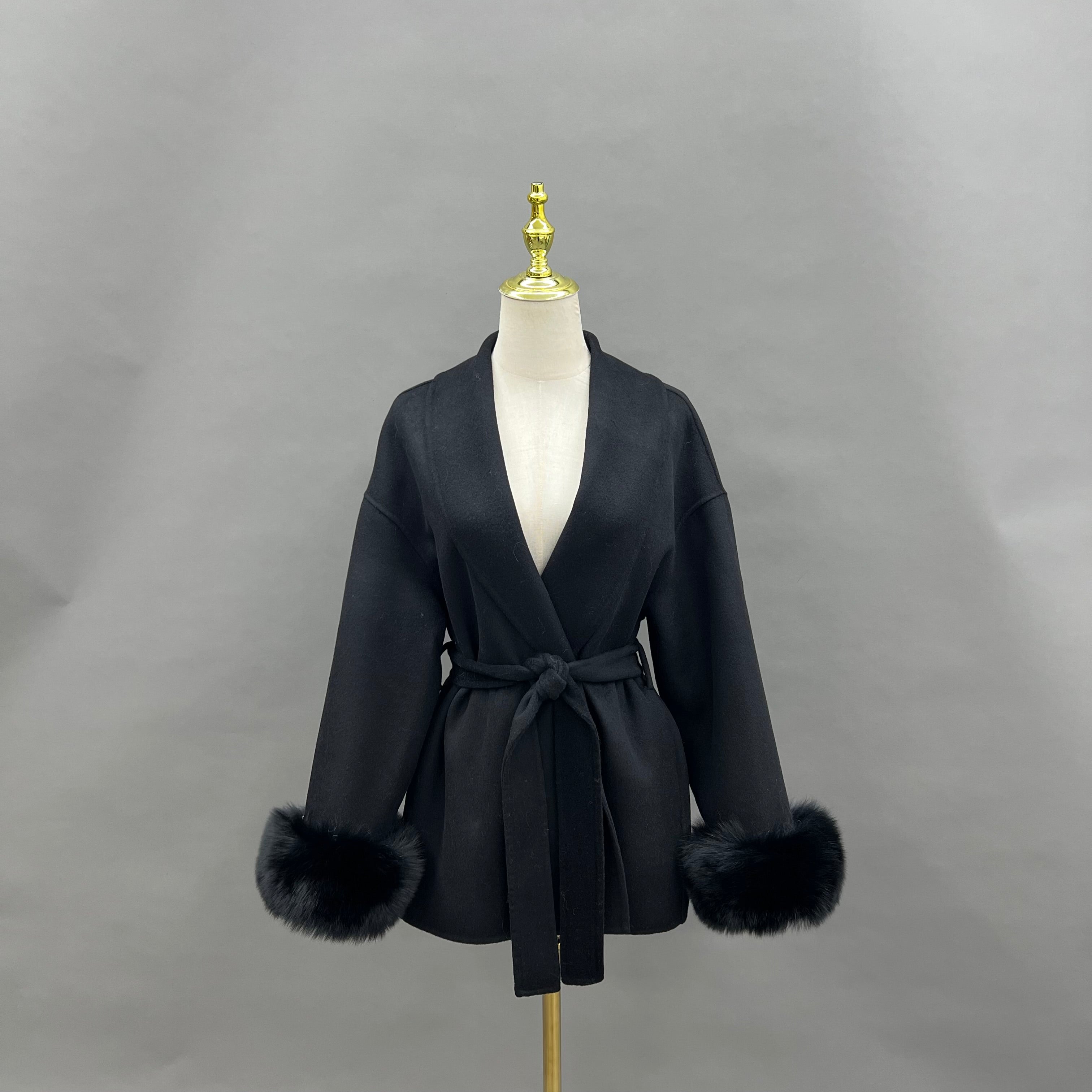Elegant Belted Cashmere Wool Coat with Real Fox Fur Cuffs – Oversized Drop-Shoulder Design - Janefur