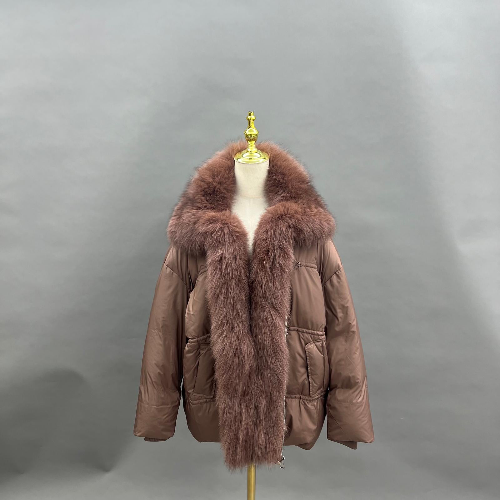 Fox Fur Placket Goose Down-Insulated Women's Collar Puffer Jacket - Janefur
