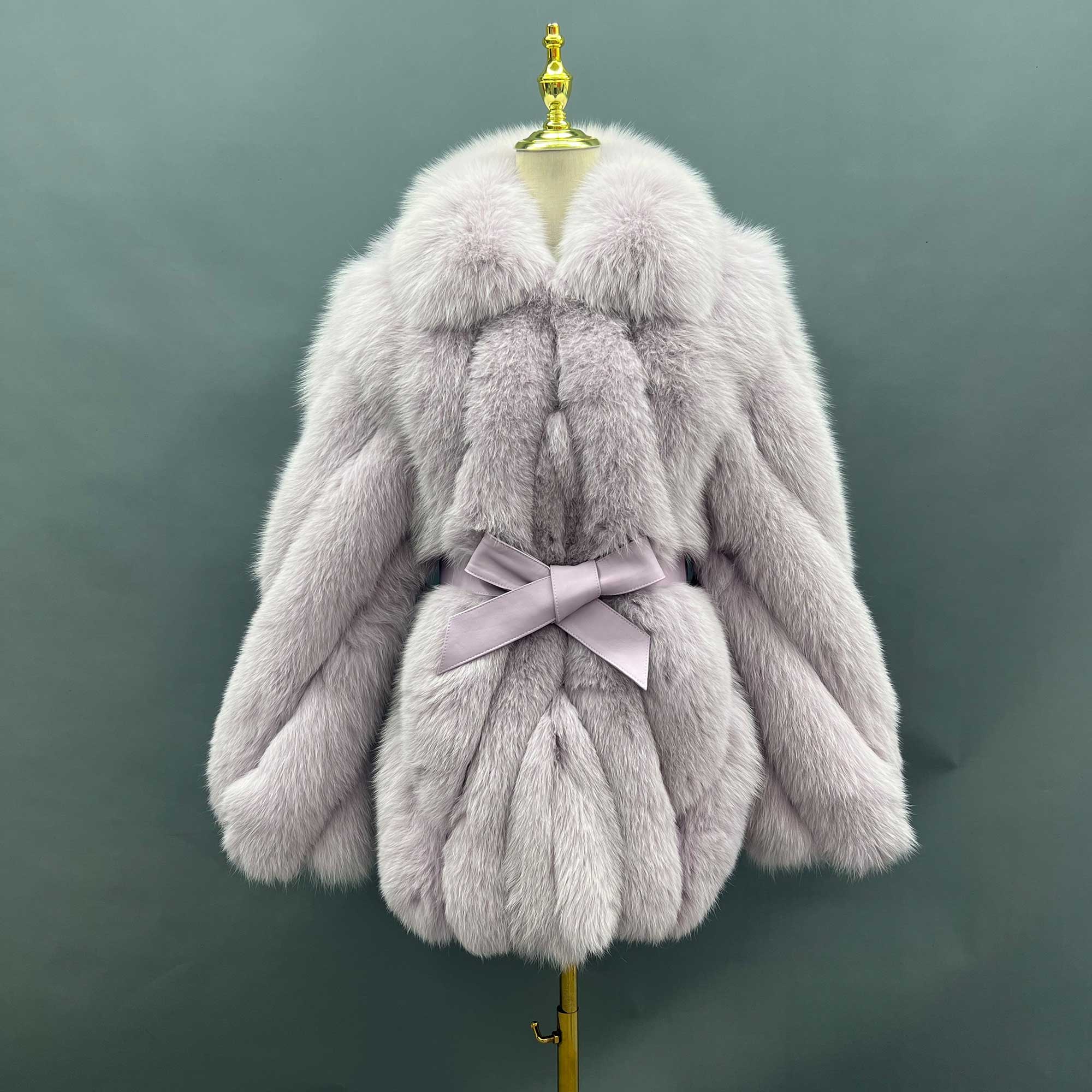 Lapel Genuine Fox Fur Womens Coat Leather Belt Style Fur Coat - Janefur