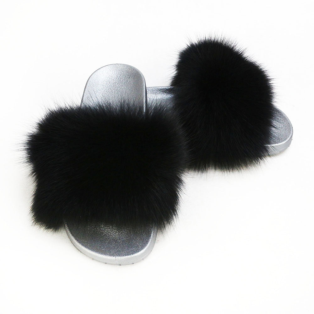Janefur Wholesale Women's Fashion Slippers With Real Fox Fur Trim (Black, Gold, Silver Soles)