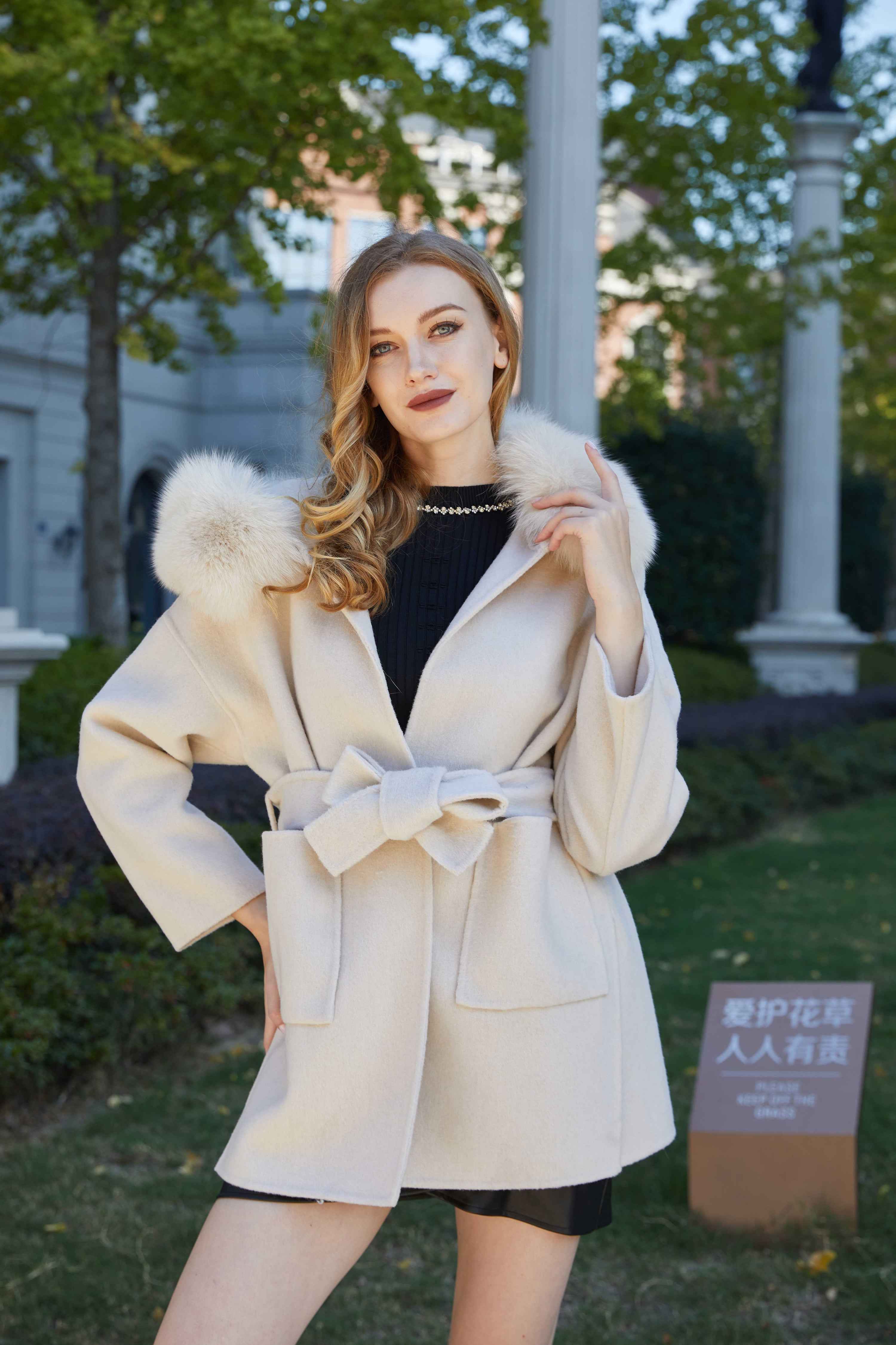 Double - Faced Wool Coat with Fox Fur Hood and Tie Waist