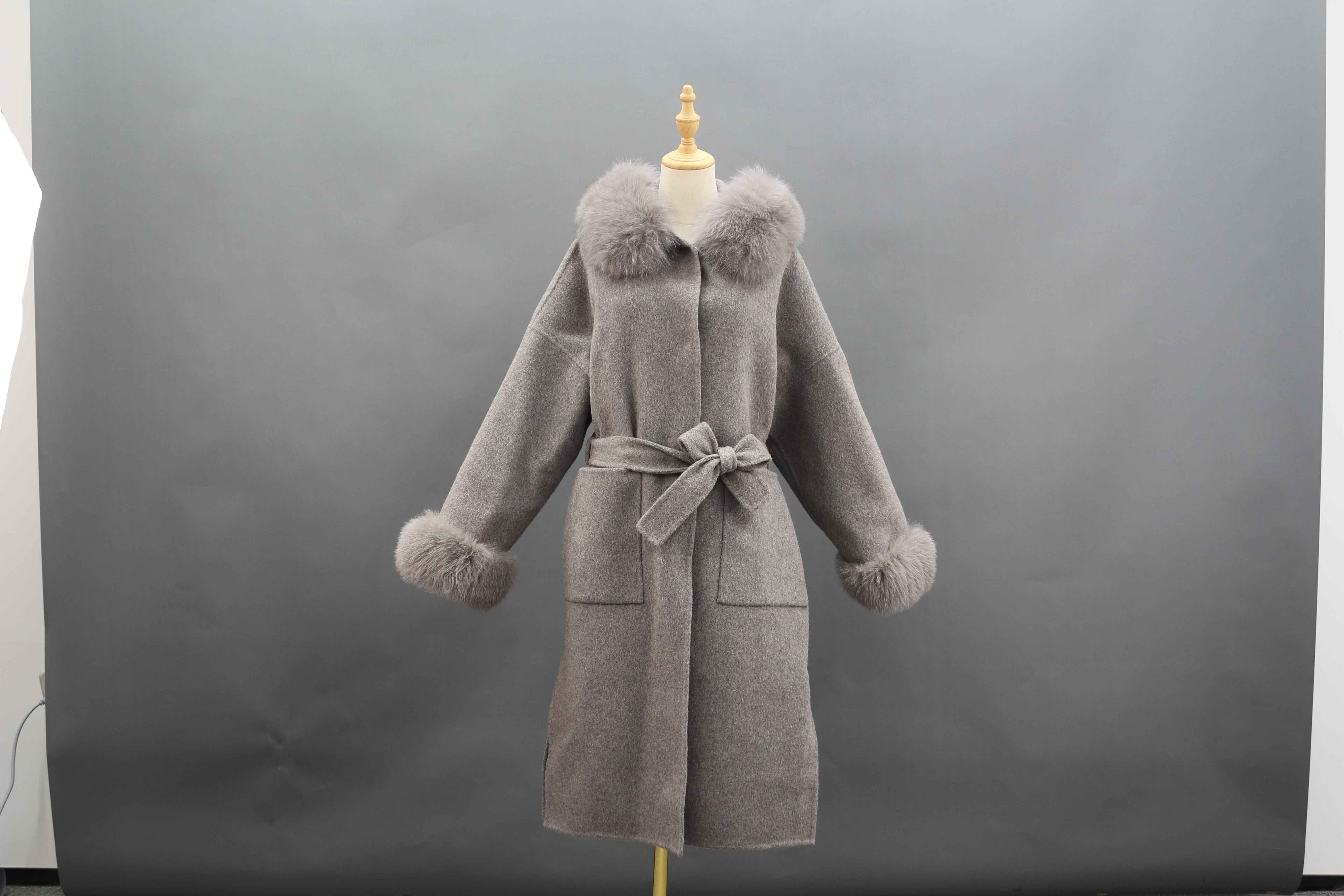 Women's Luxury Double - Faced Cashmere Coat with Fox Fur Collar, Cuffs and Hood, Belted Long Winter Outerwear
