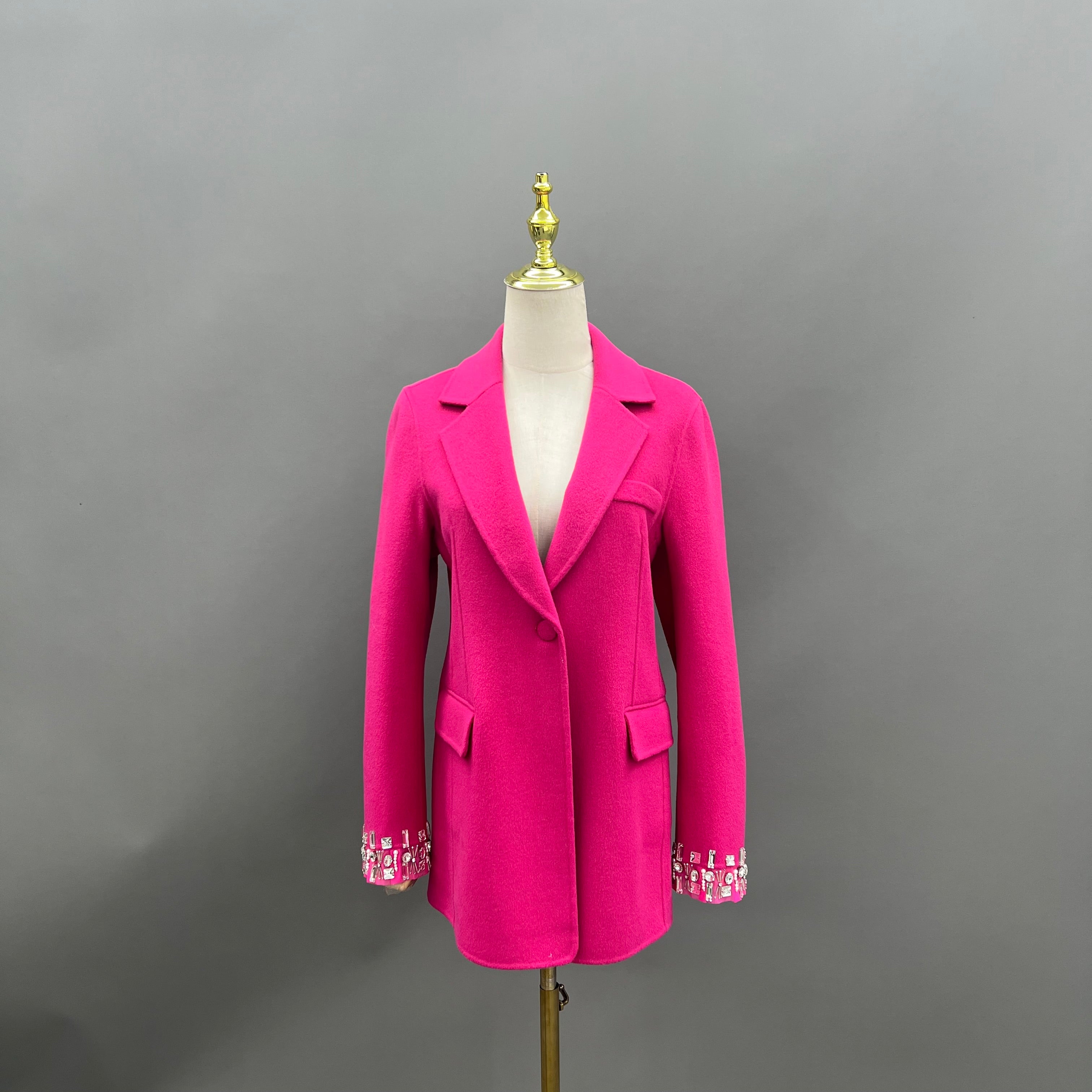 Tailored Double-Faced Wool Blazer with Rhinestone Cuff Embellishments – Hot Pink Statement Coat for Women - Janefur