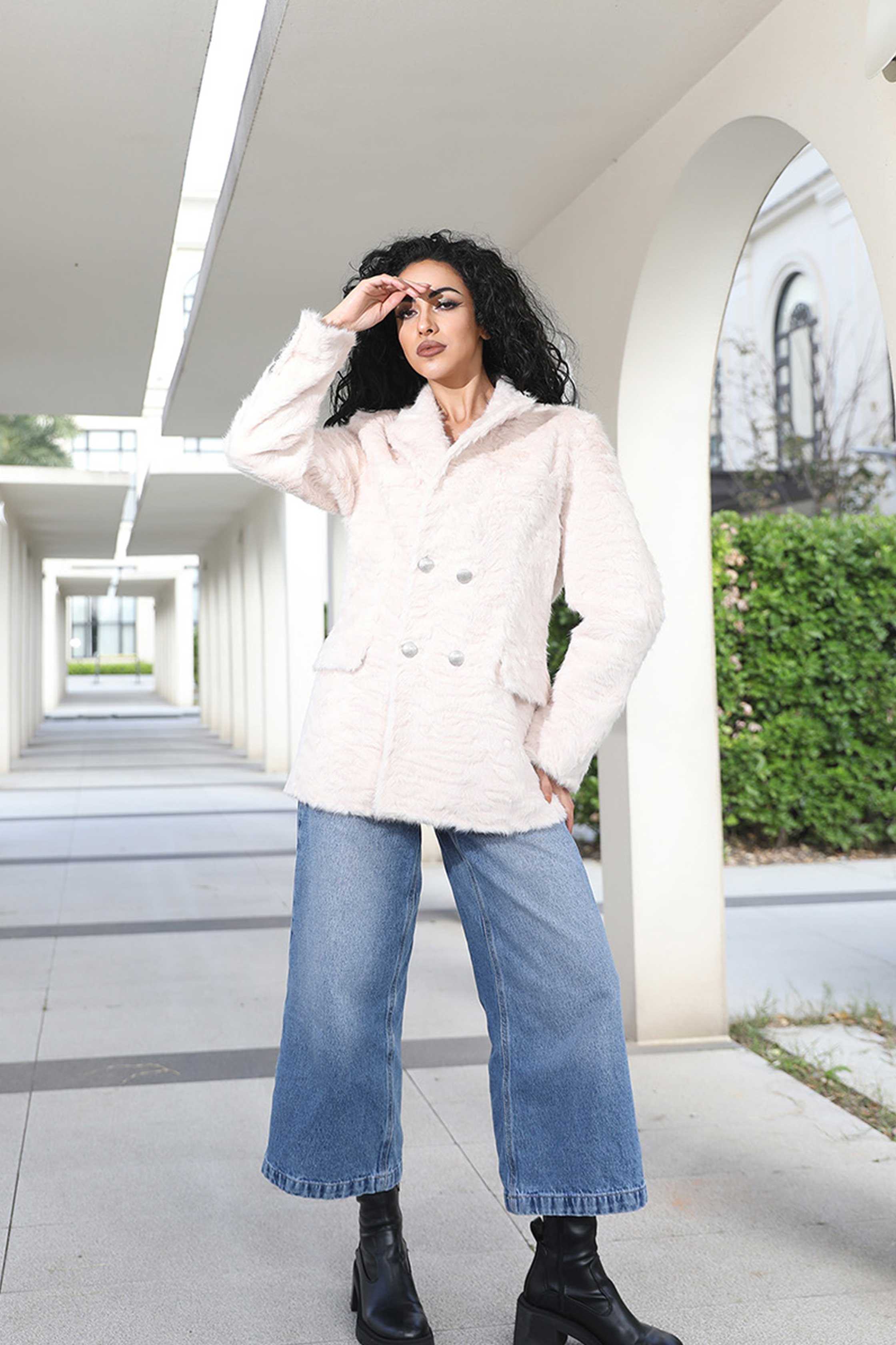 Faux Wool Jacket Women's Blazer Sweet and Cool Collar Eco Friendly Wool Coat - Janefur