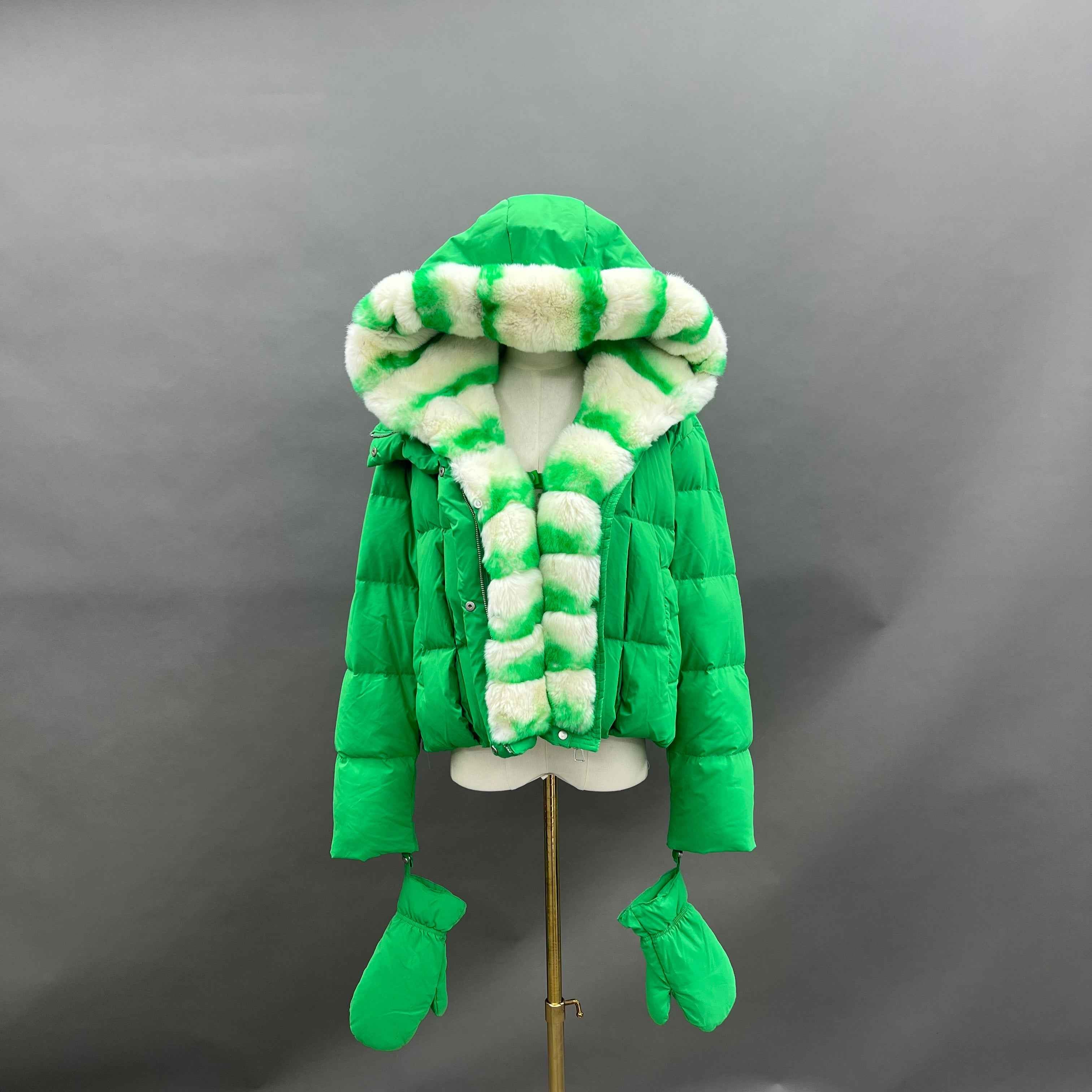 Women's Down Jacket with Removable Rabbit Fur Lined Hood & Front, Detachable Gloves Included