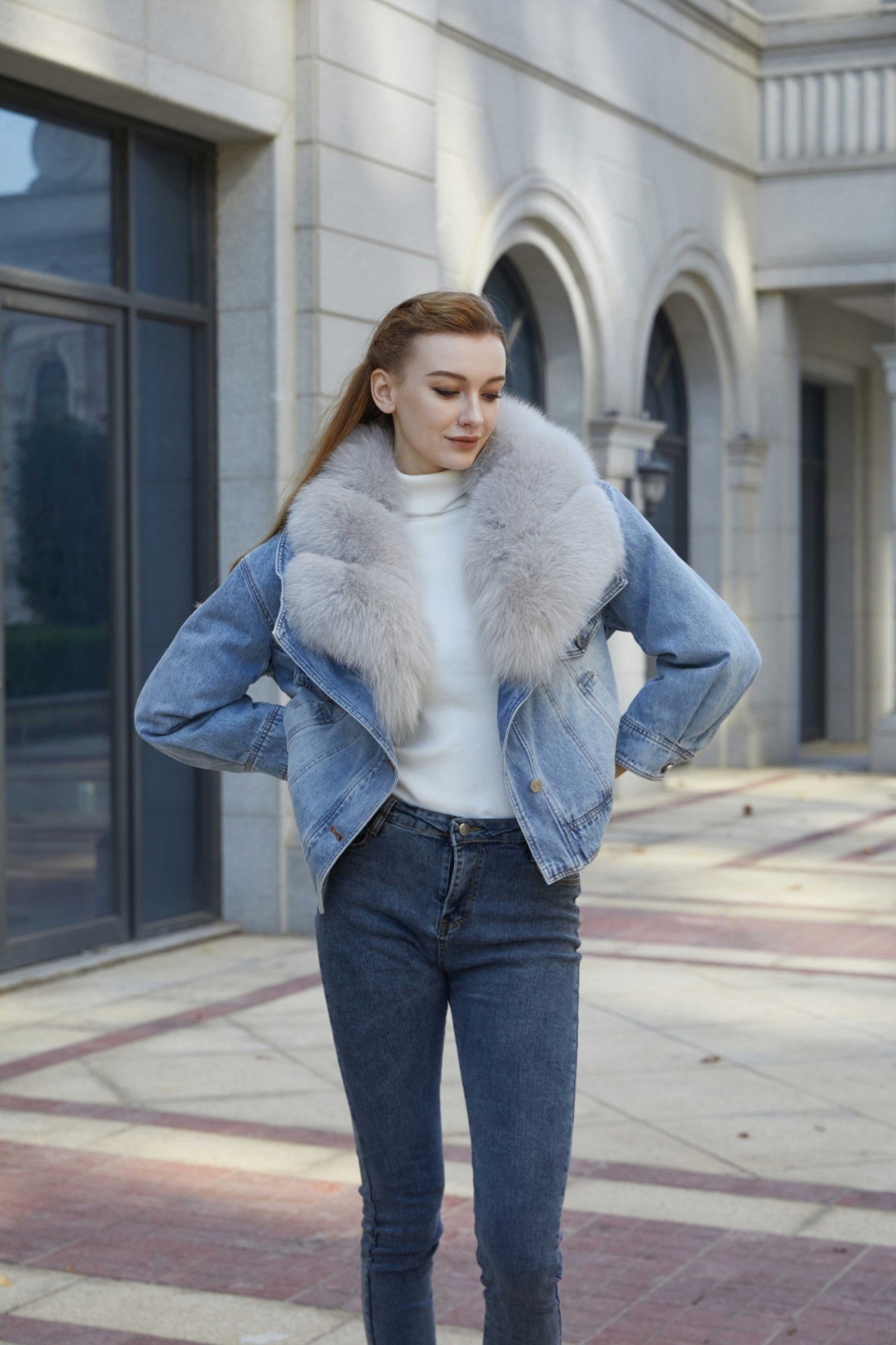 Fur Collar Fur Parka Denim Down Coat Jacket - Janefur