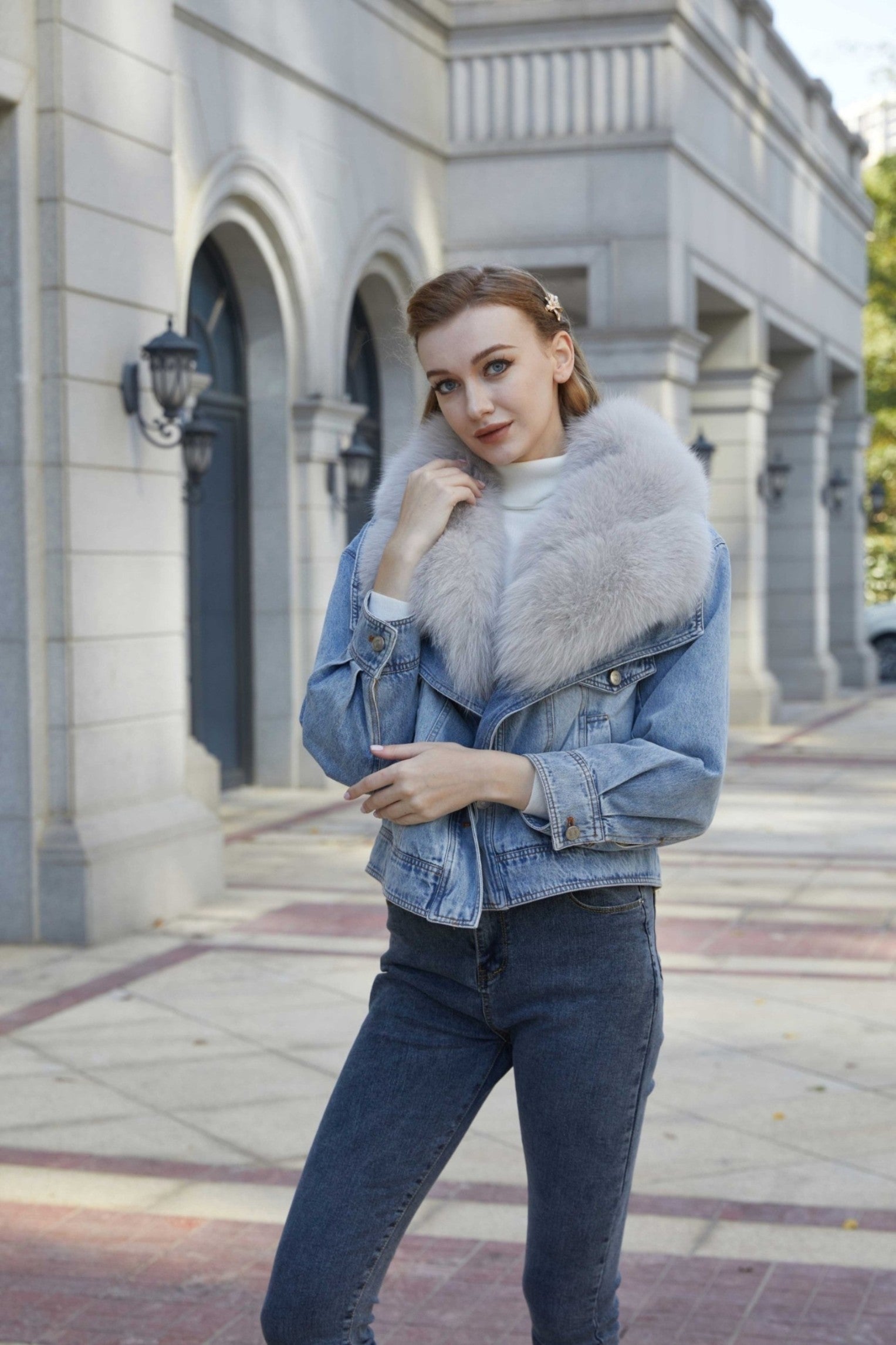 Fur Collar Fur Parka Denim Down Coat Jacket - Janefur