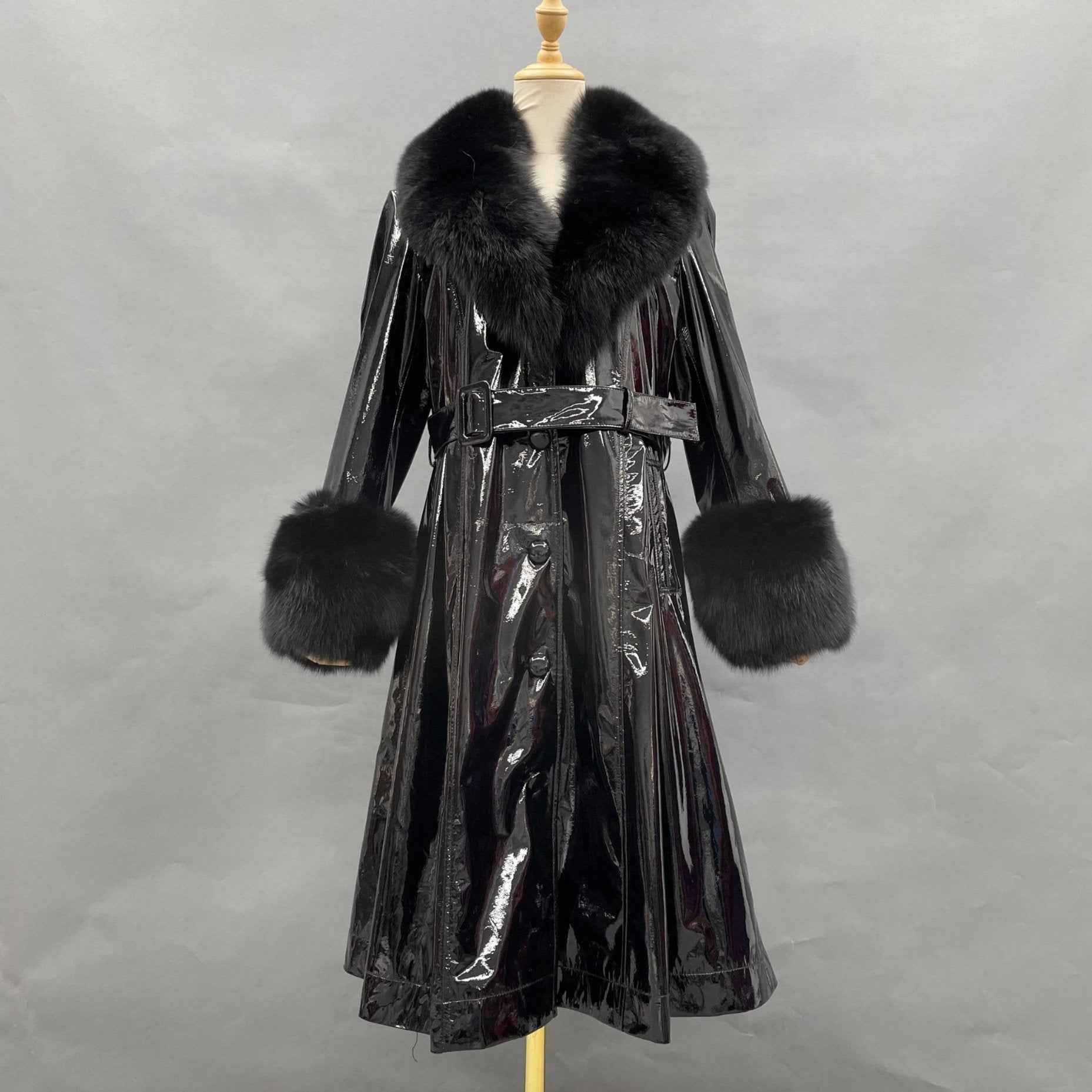 Women's Winter Large Flip Lapel Collar Fur Terry Long Shiny Leather Jacket - Janefur