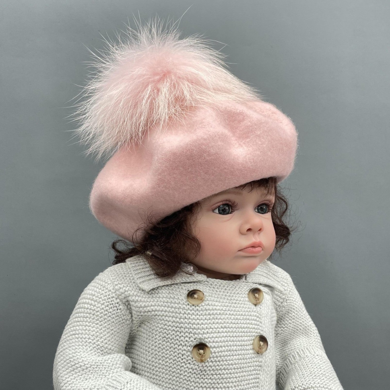 New Children's Autumn and Winter Wool Beret with Fur Pom Pom - Janefur