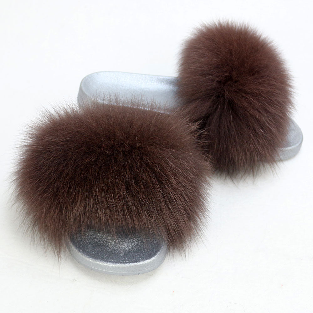 Janefur Wholesale Women's Fashion Slippers With Real Fox Fur Trim (Black, Gold, Silver Soles)
