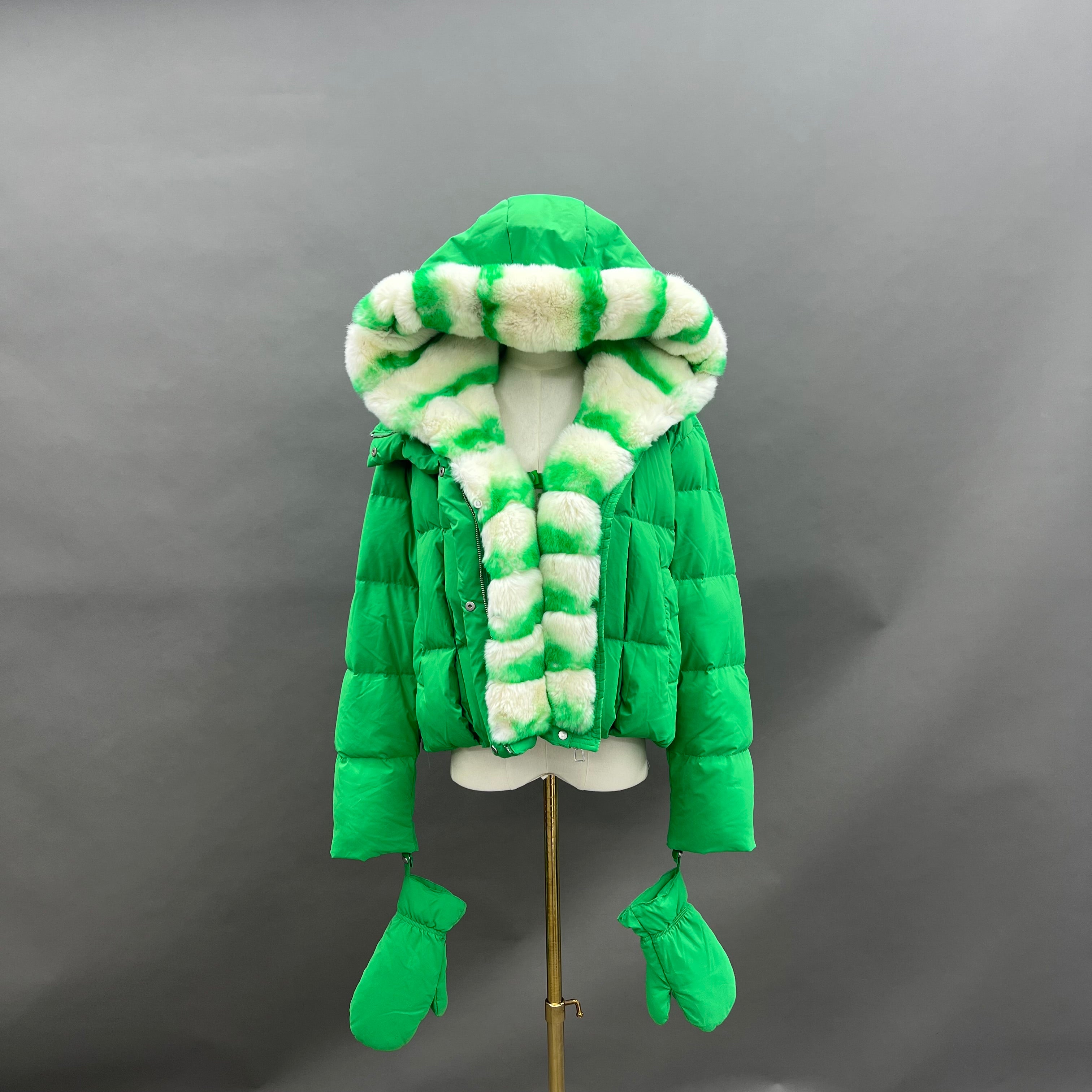 Women’s Beige Down Jacket with Real Rabbit Fur Hood – Detachable Mittens Winter Coat for Warm & Stylish Fashion 1#Green