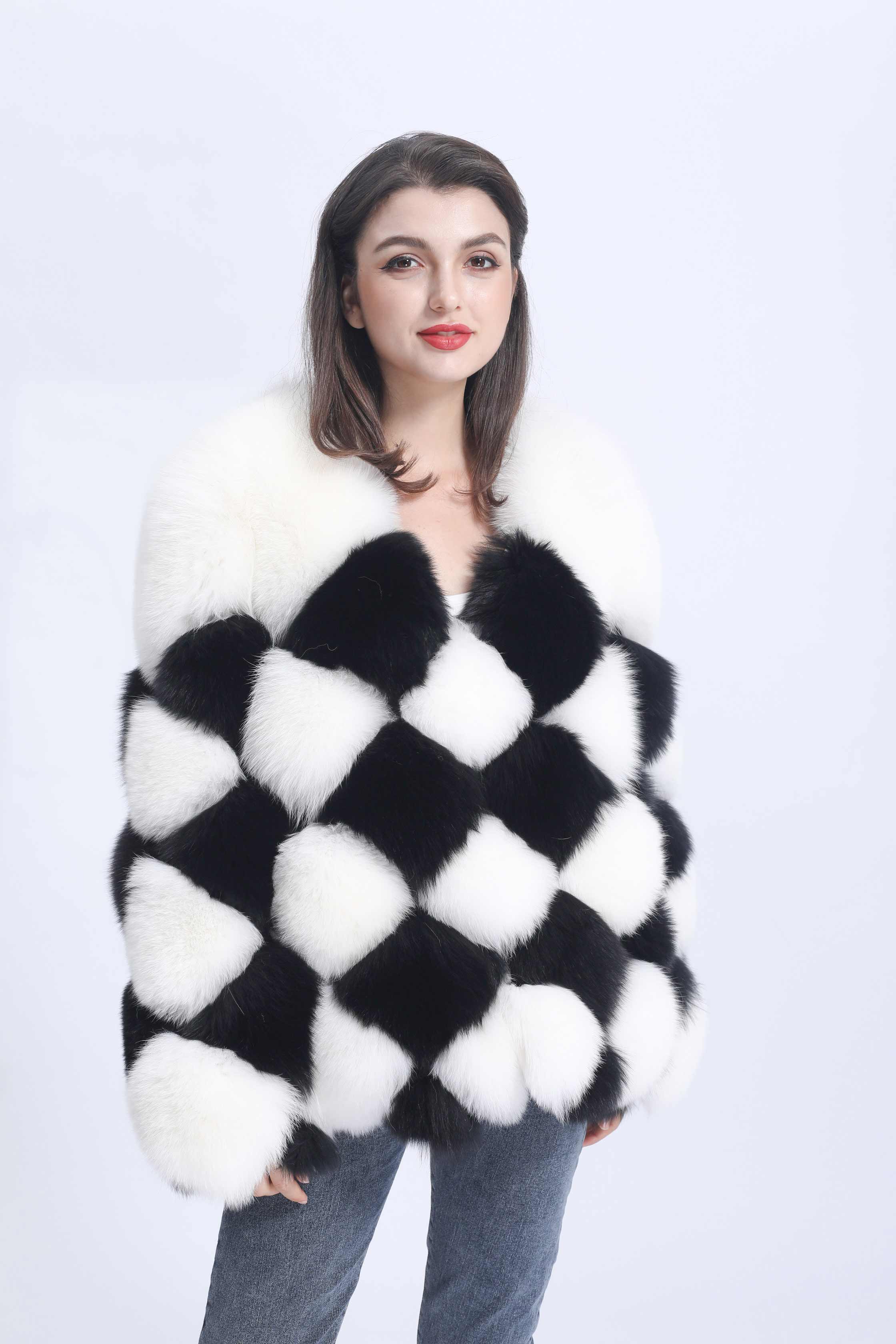 Premium Luxury Black And White Checked Real Fox Fur Coat For Women - Janefur