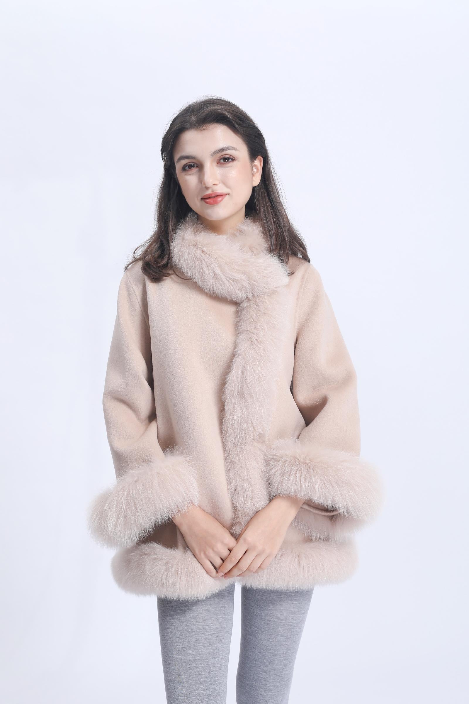 Women Elegant Style Cashmere Coat with Fox Fur Trim Shawl - Janefur