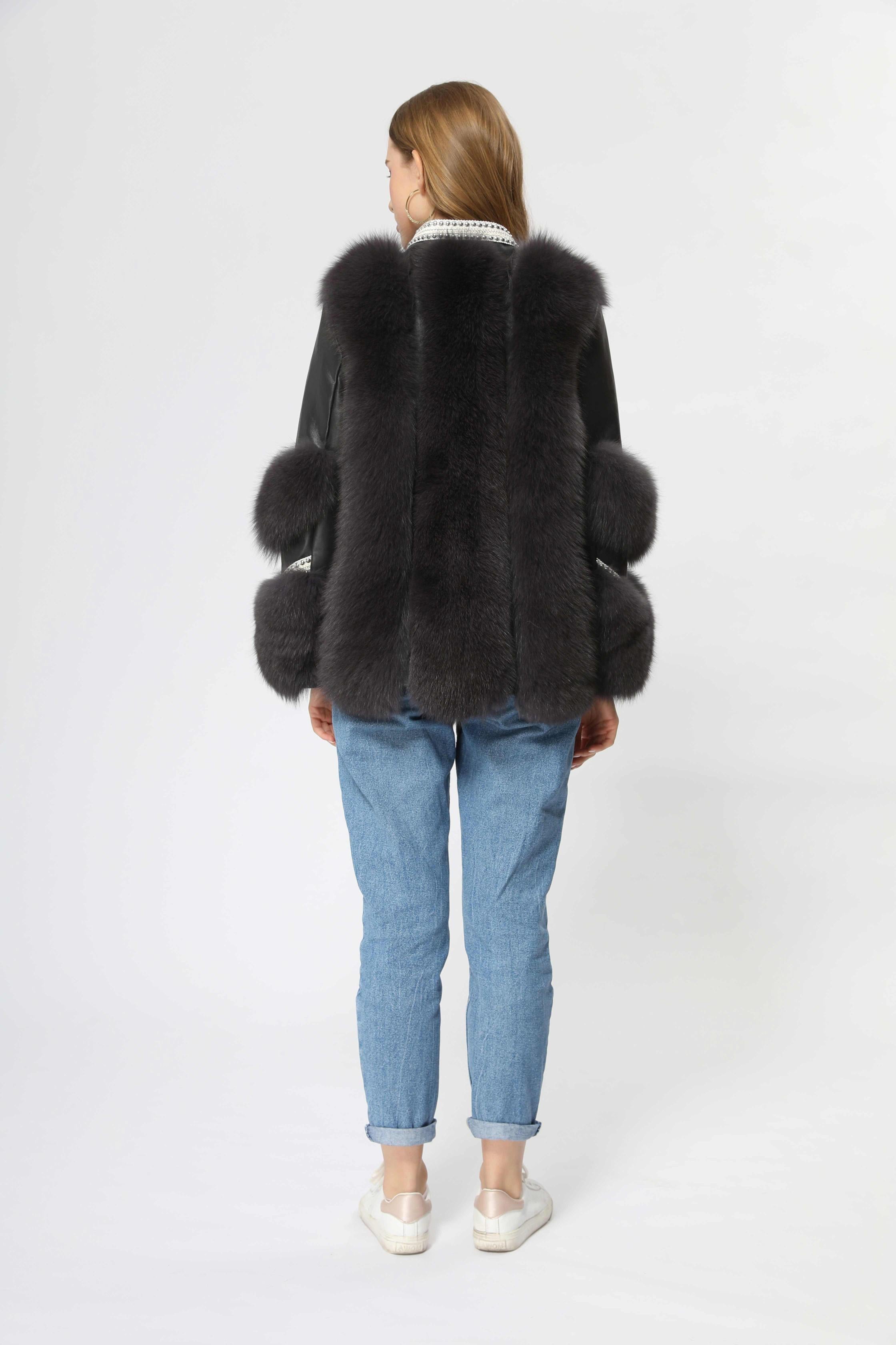 Women's Fox Fur Patchwork Leather Rivet Front Winter Coat - Janefur