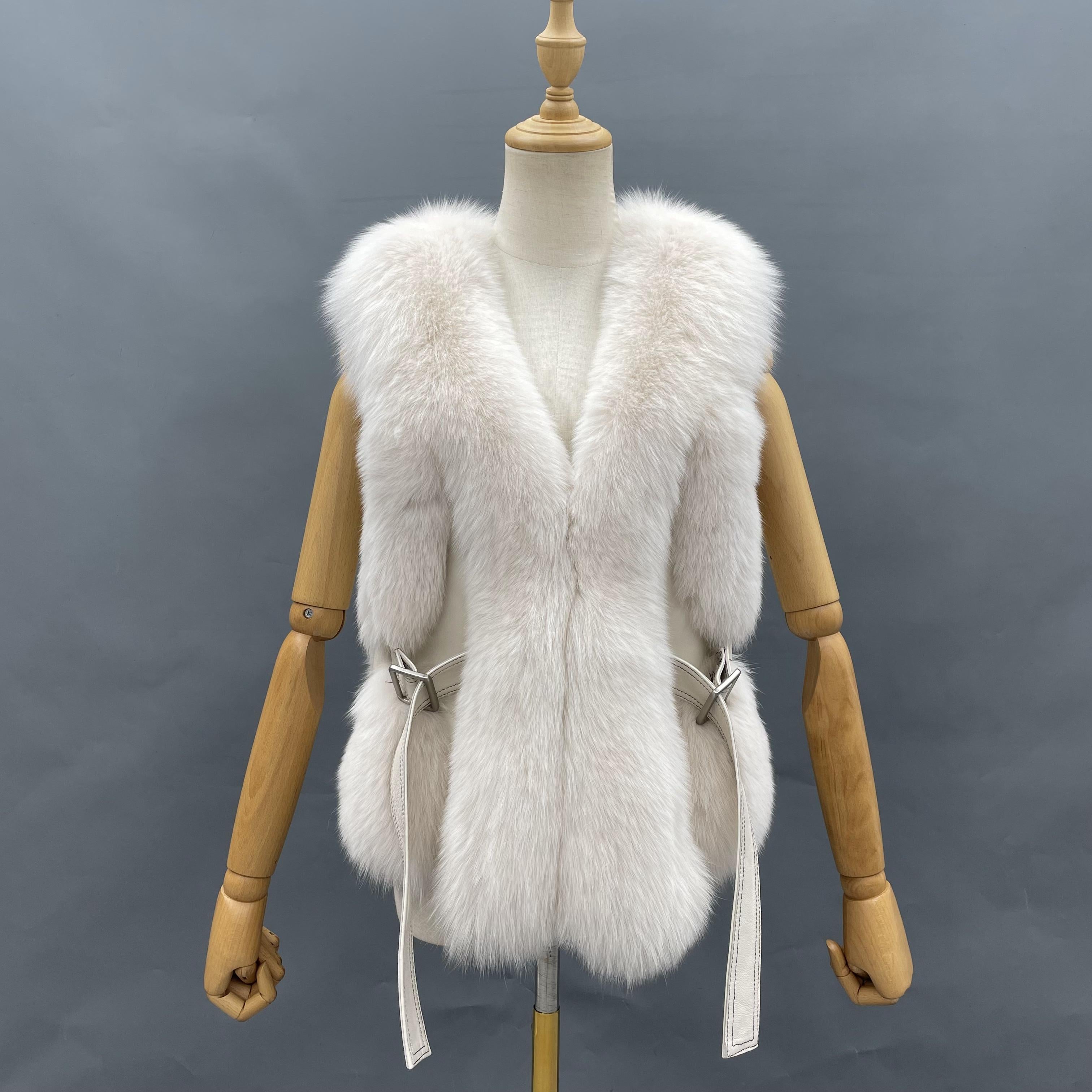 Ladies Fox Fur Vest Leather Buckle Tab - Janefur