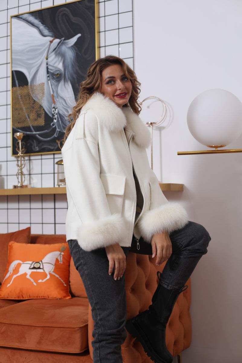 Big Pocket Lapel Fox Fur Cashmere Zipped Jacket - Janefur