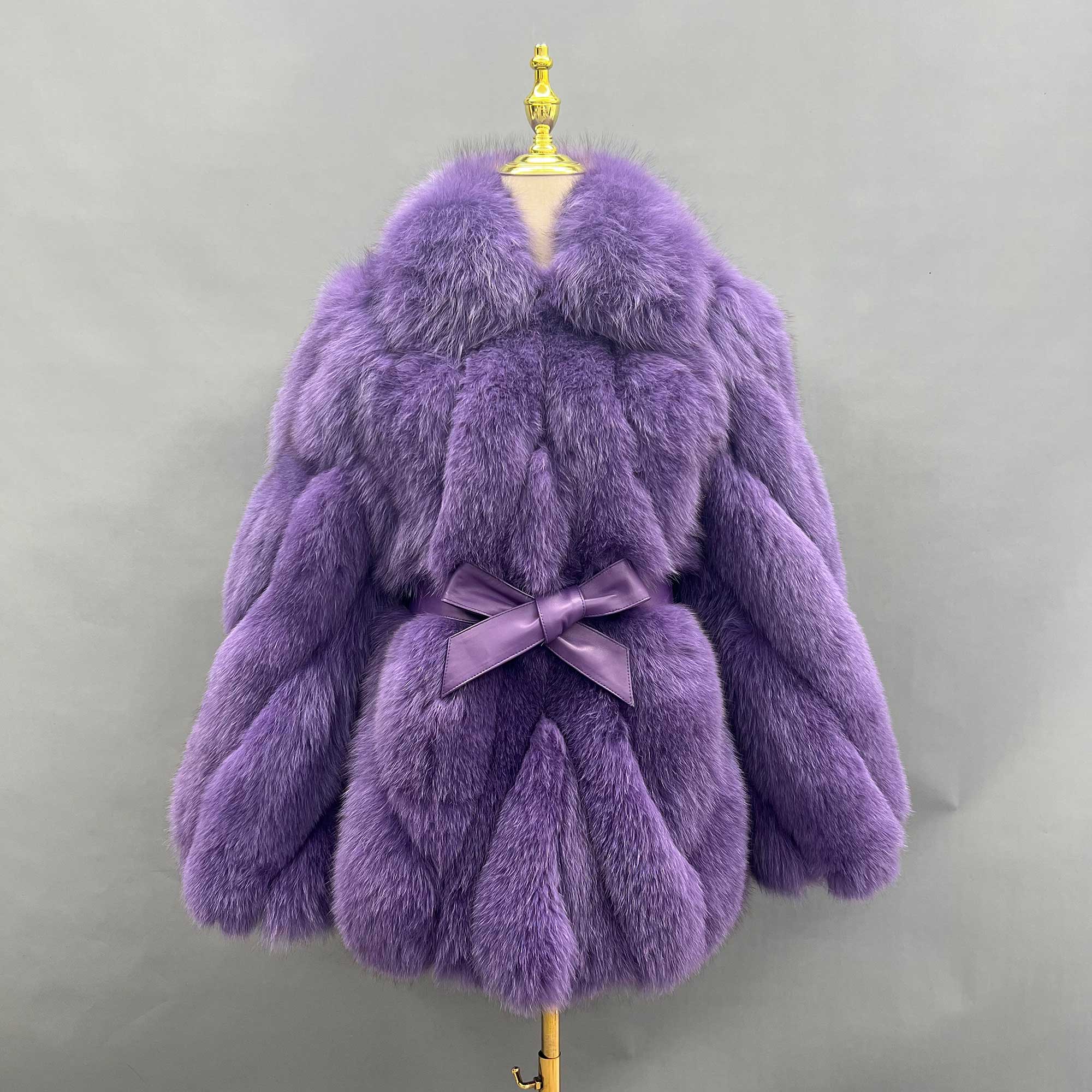 Lapel Genuine Fox Fur Womens Coat Leather Belt Style Fur Coat - Janefur