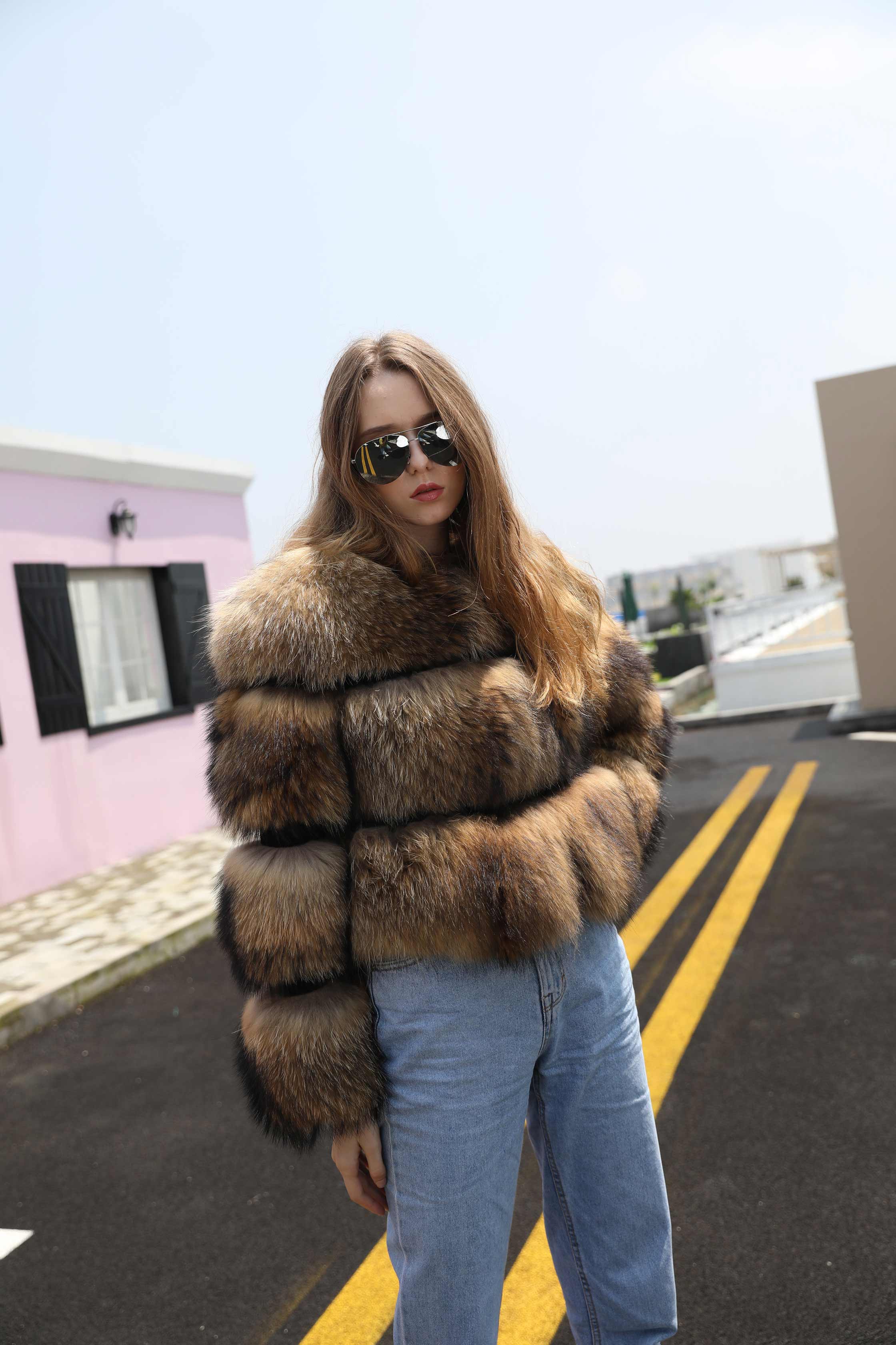 Winter Fashion Fluffy Natural Raccoon Fur Ladies Short Coat - Janefur