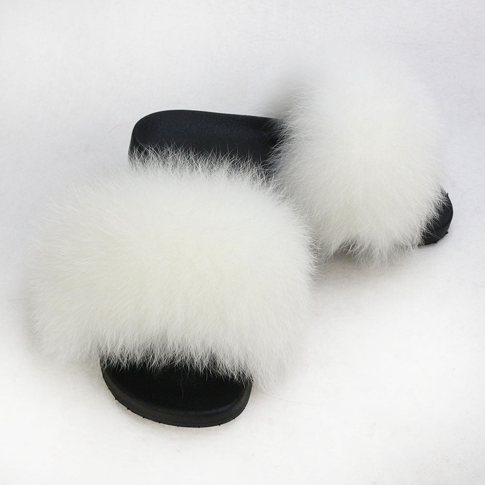 Janefur Wholesale Women's Fashion Slippers With Real Fox Fur Trim (Black, Gold, Silver Soles)
