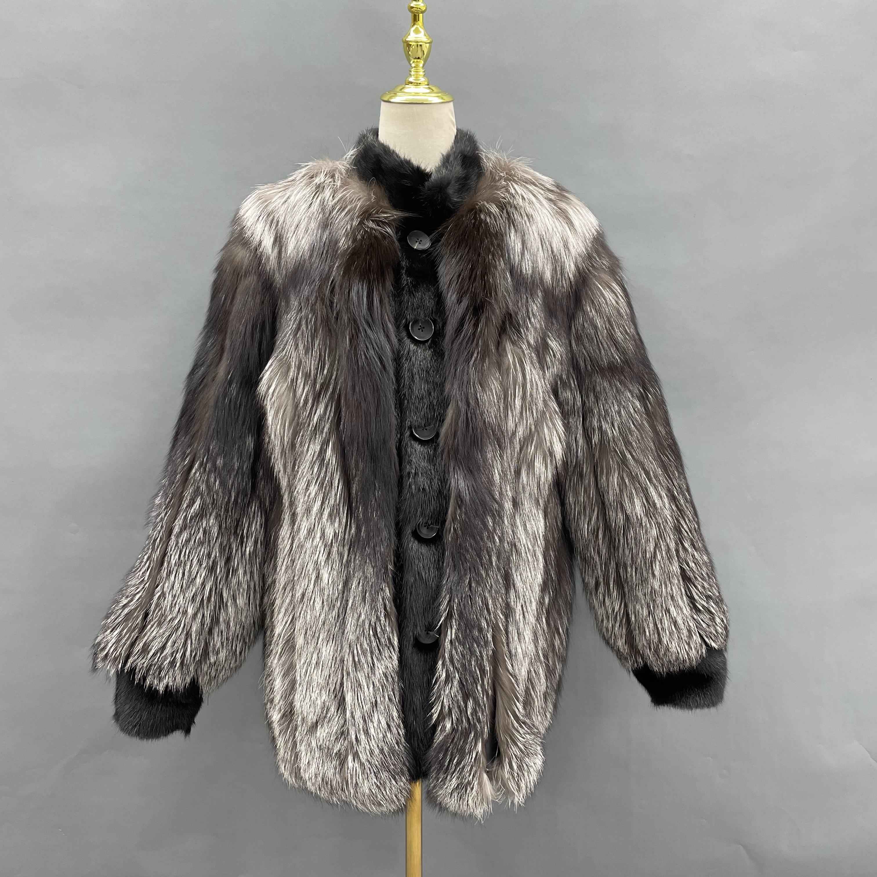 Men's Luxurious Silver Fox Fur Jacket with Mink Placket Detail - High-End Winter Outerwear Sliver