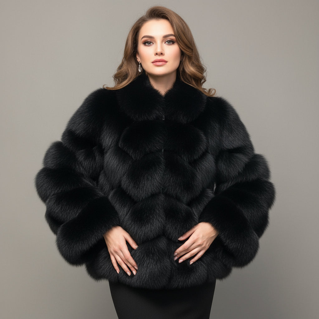 Women's Luxury Fox Fur Coat with Diamond Pattern - Winter Warm Fashion Fur Jacket