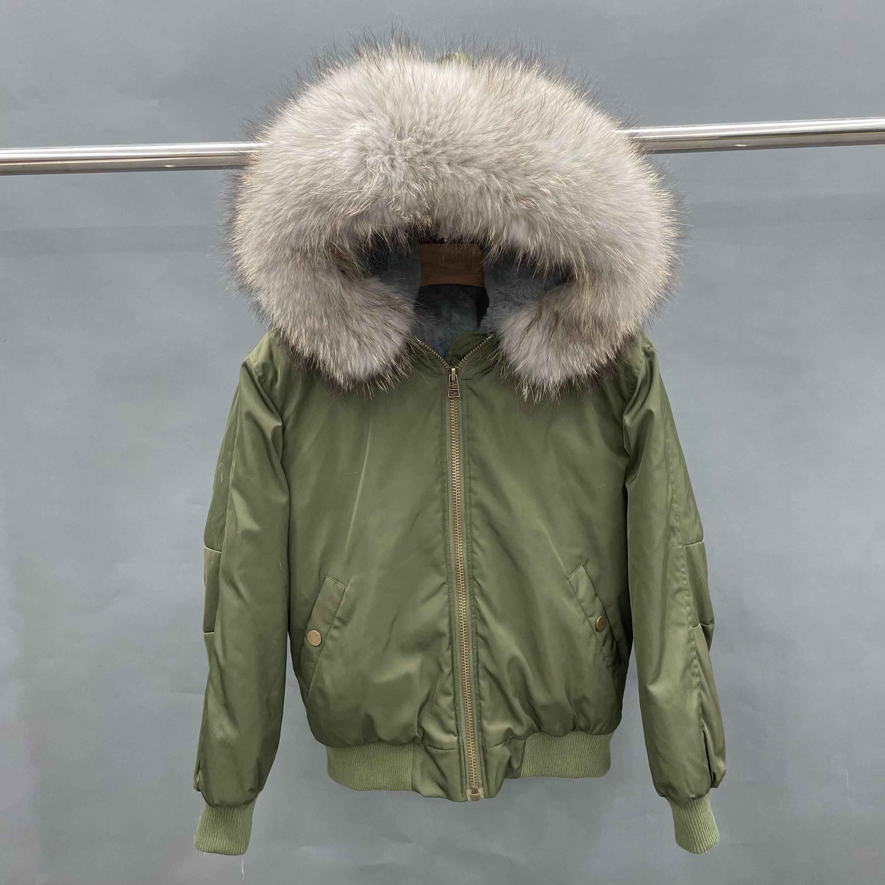 Women's Bomber Jacket with Raccoon Fur Collar – Winter Flight Jacket, Faux Fur Trim Aviator Coat for Cold Weather 3#Green