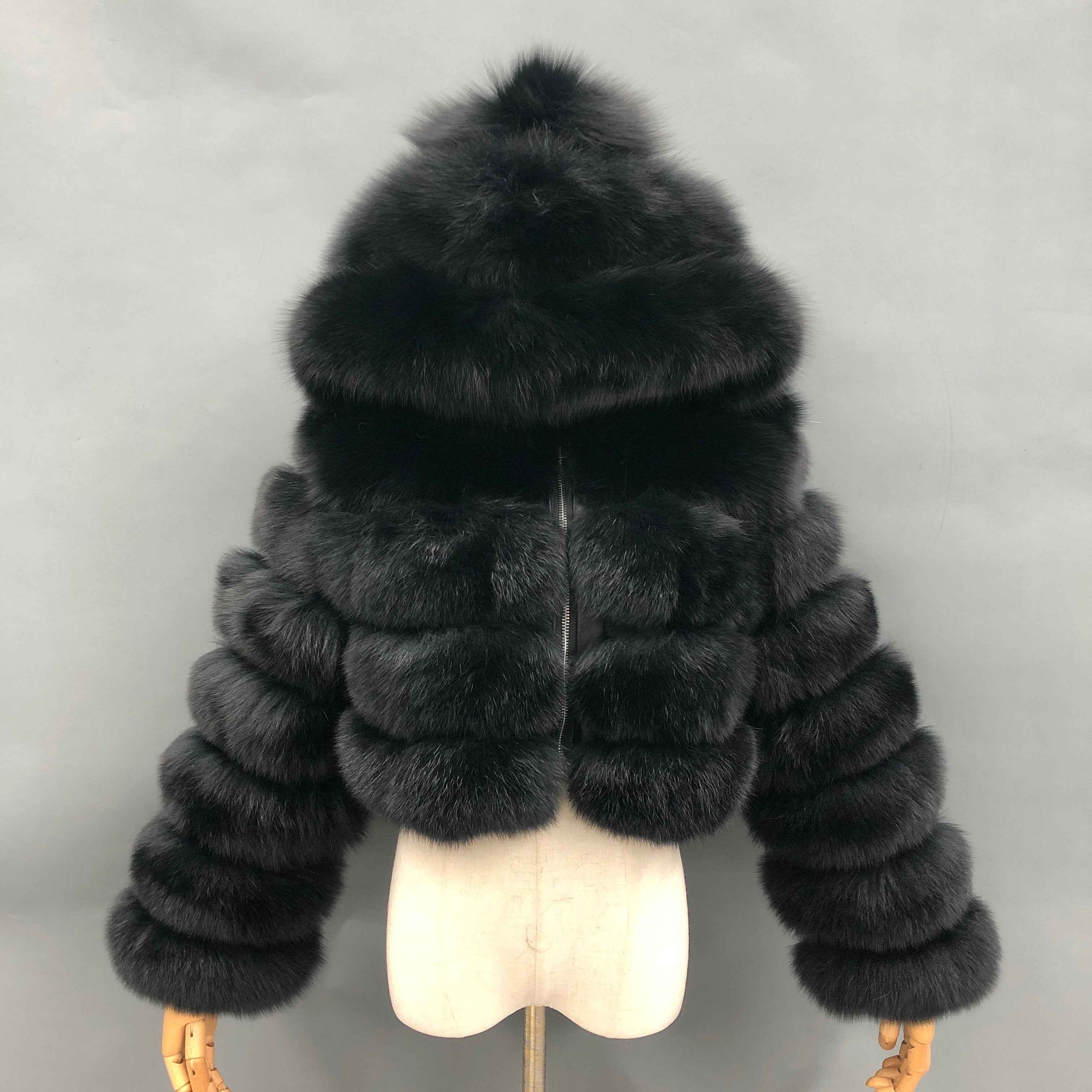 Women's Premium Fox Fur Cropped Hooded Jacket - 3-Panel Body & 6-Panel Sleeves with Zipper Closure Winter Fashion Warm Coat Black