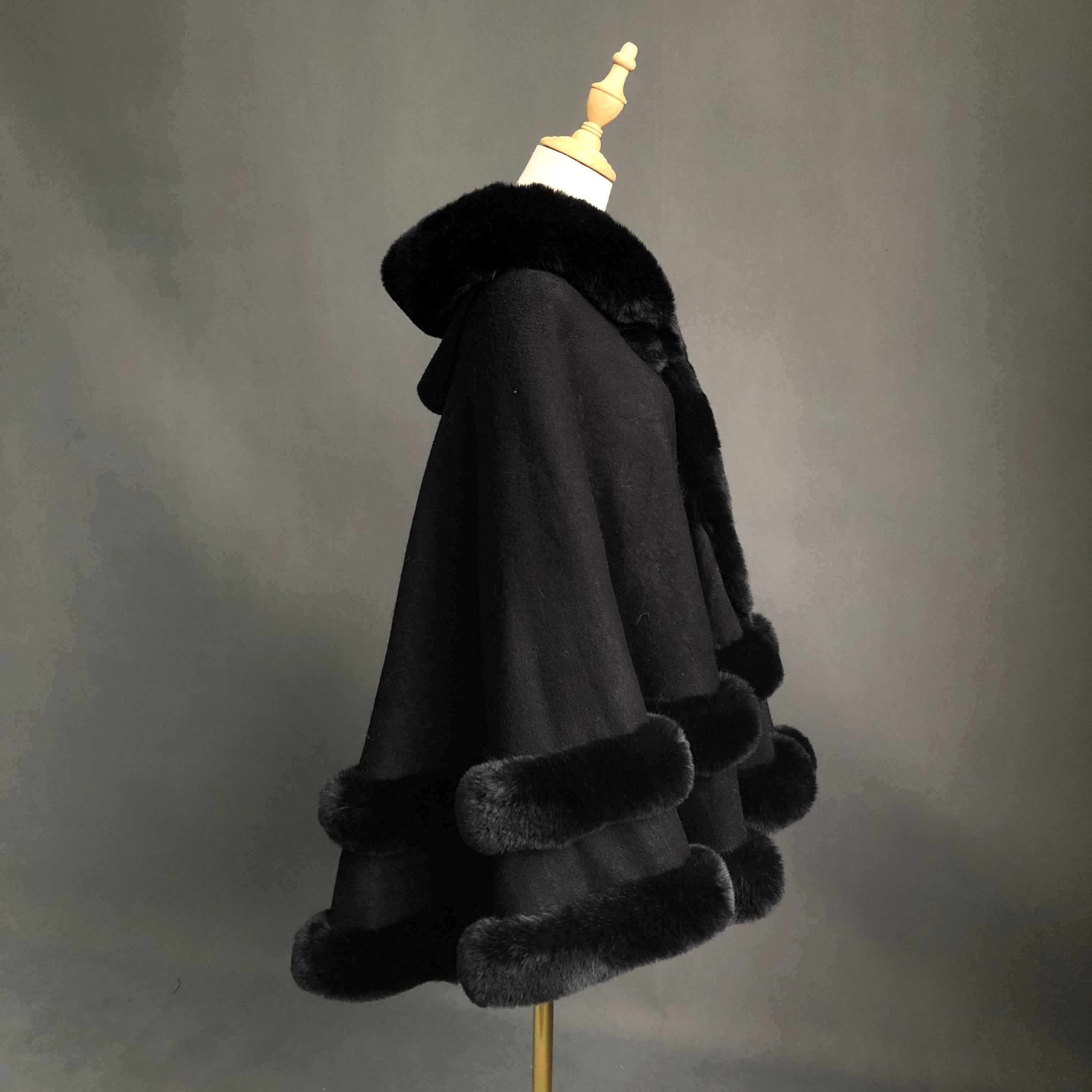 Women's Hooded Faux Fur Trimmed Cape with Pom-Pom Details - Luxurious Winter Outerwear