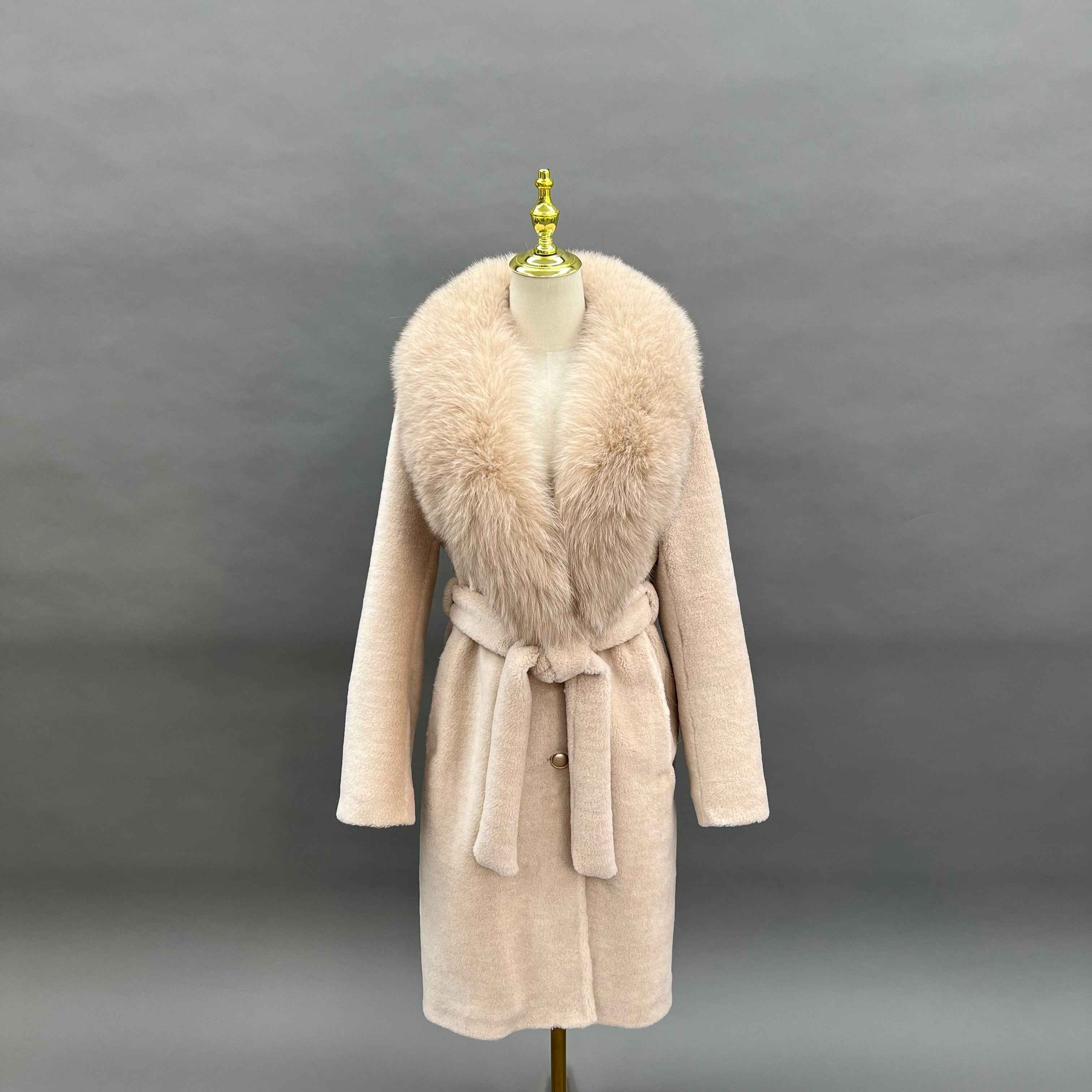 Luxury Shearling Long Coat with Oversized Faux Fur Collar