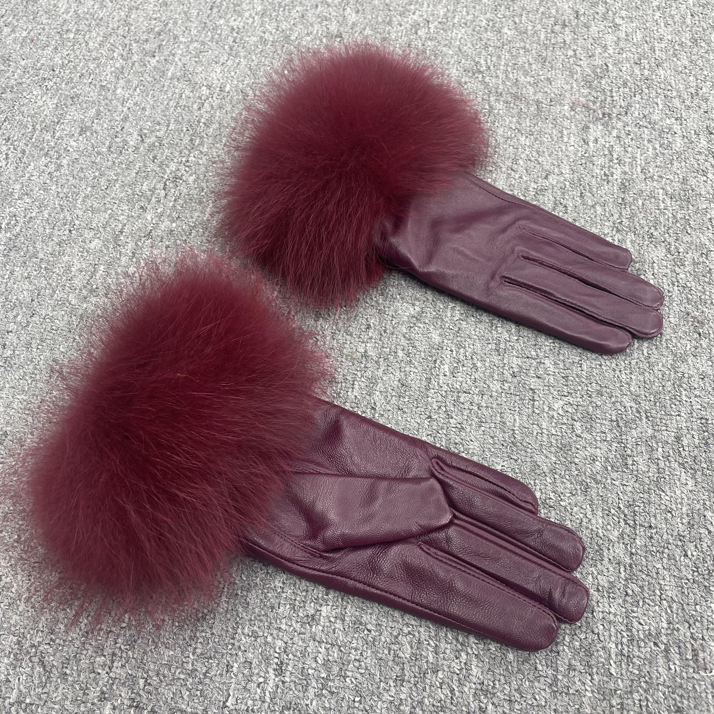 Women’s Black Leather Gloves with Real Fox Fur Trim – Elegant Winter Fashion Accessory for Luxury Style 9 F
