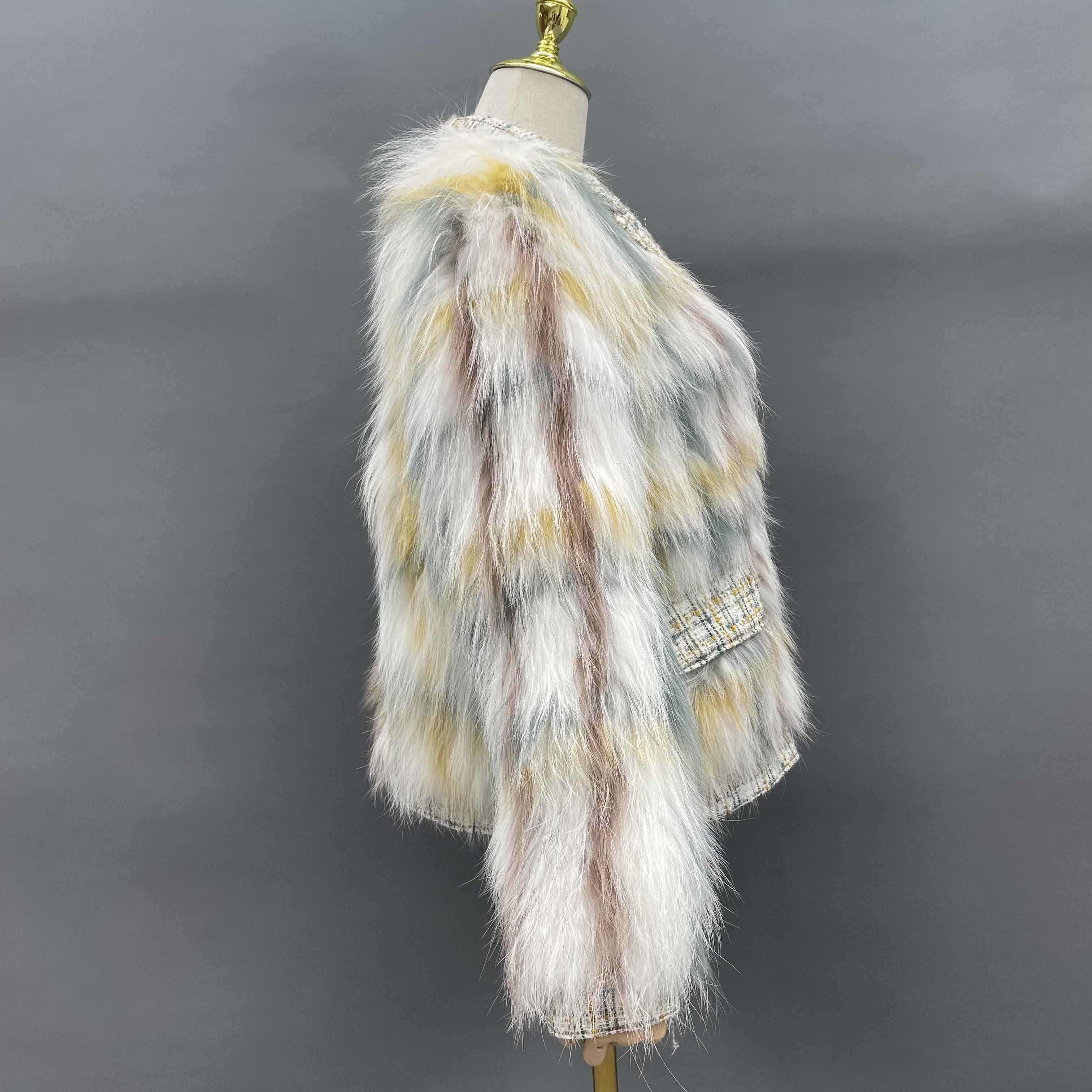 Women's Luxurious Raccoon Dog Fur Jacket with Chanel-Style Tweed & Notched Lapel - Knitted Winter Outerwear