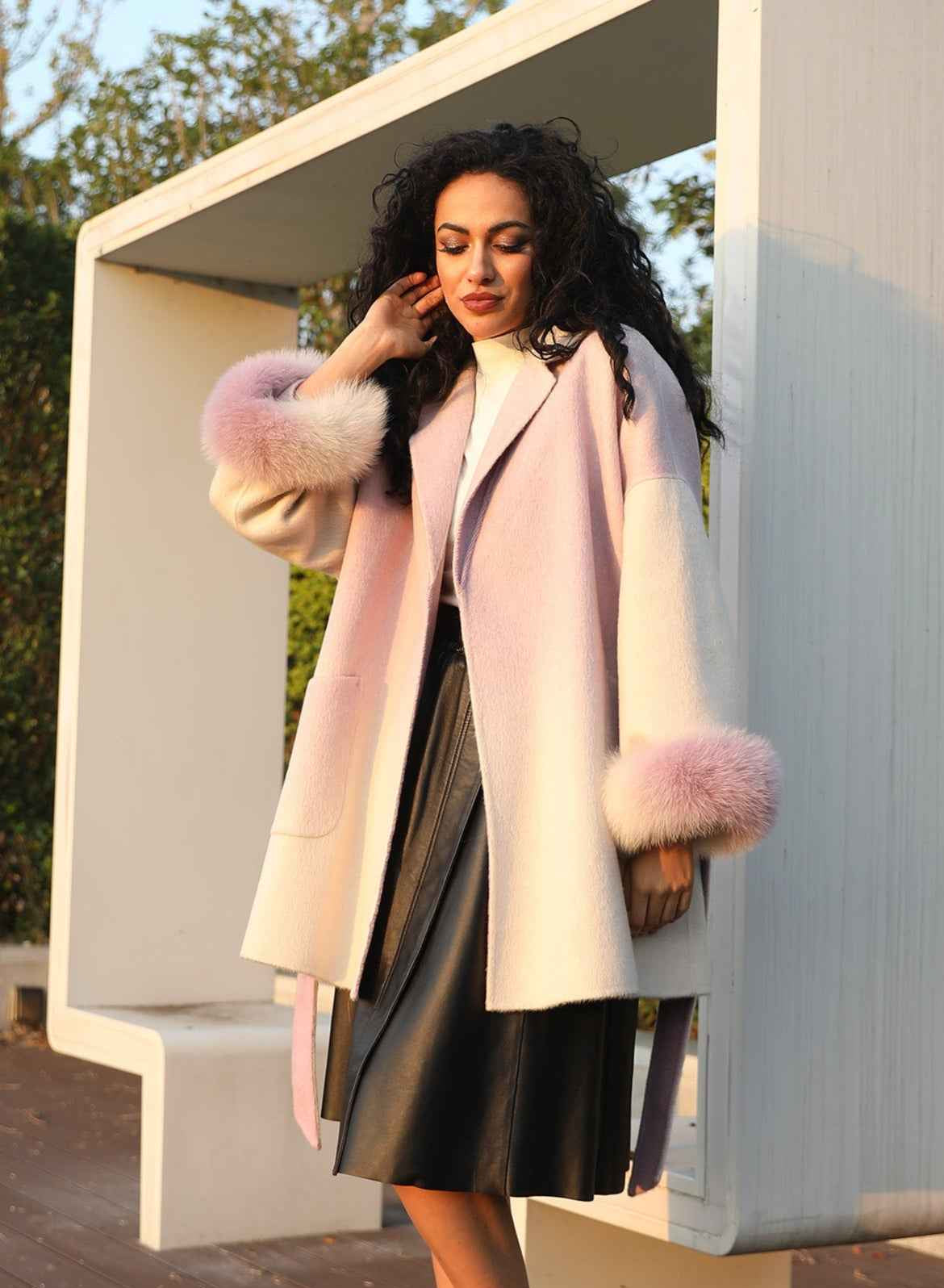 Gradient Color Double Faced Wool Cashmere Coat with Fur Cuffs - Tie Waist Winter Outerwear