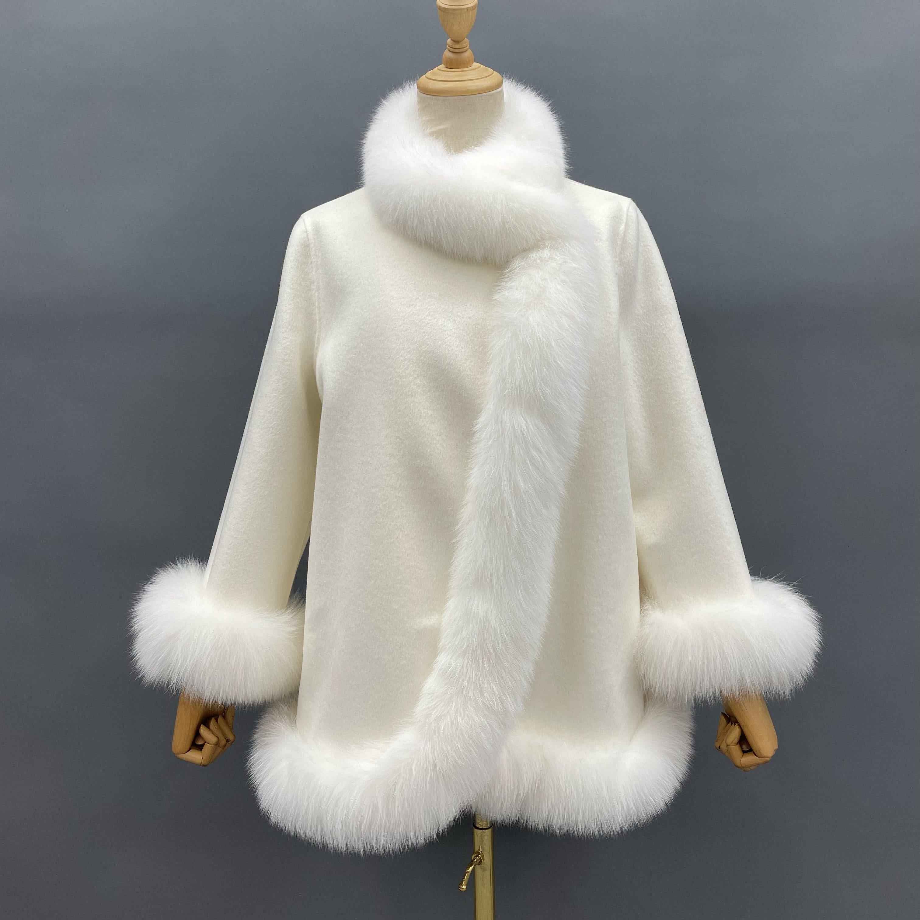 Women's Luxury Double - Faced Wool Cape with Fox Fur Trim