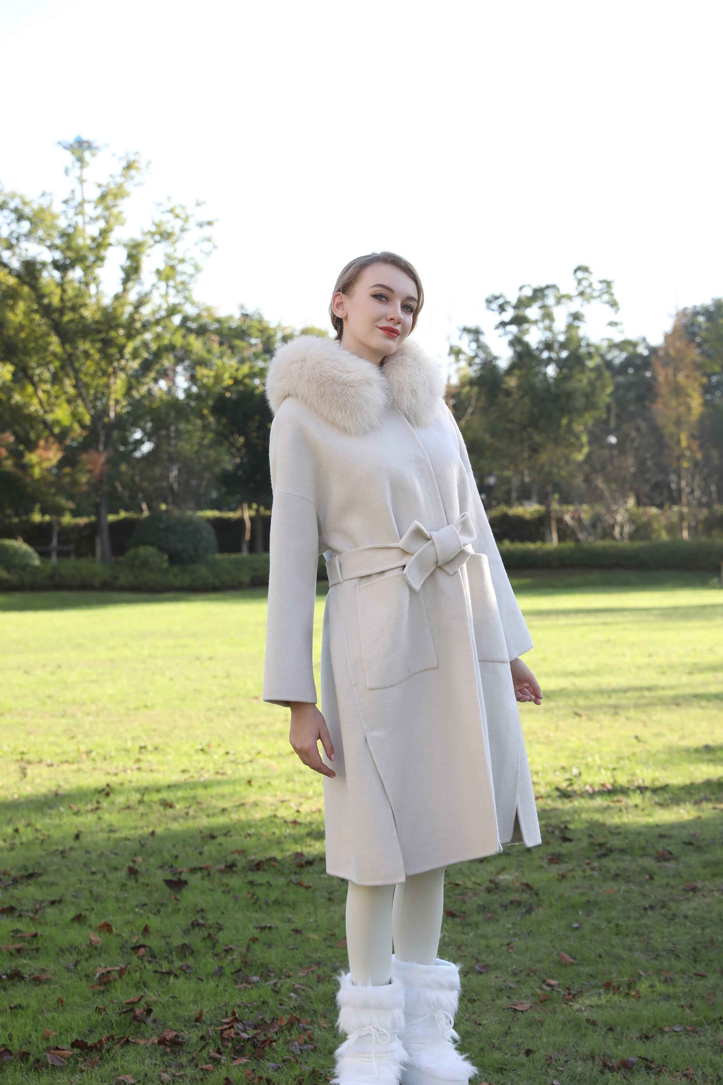 Modern Hooded Double-Faced Wool Coat with Cozy Fox Fur Details