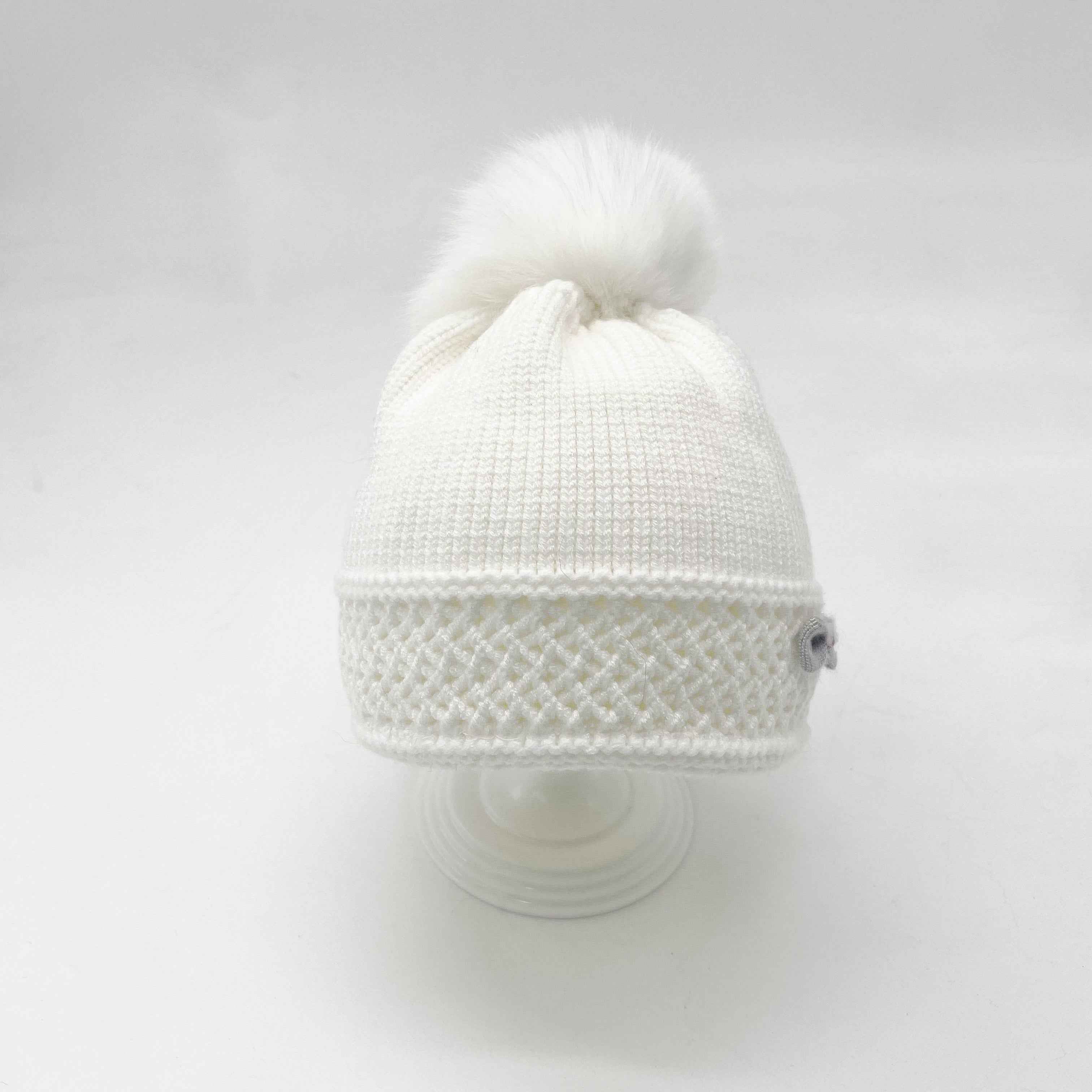 Girls' Red Knit Beanie with Fox Fur Pom-Pom & Bowknot – Warm Winter Hat for Kids, Cute & Stylish 3#Pure White Child a17 b38-60