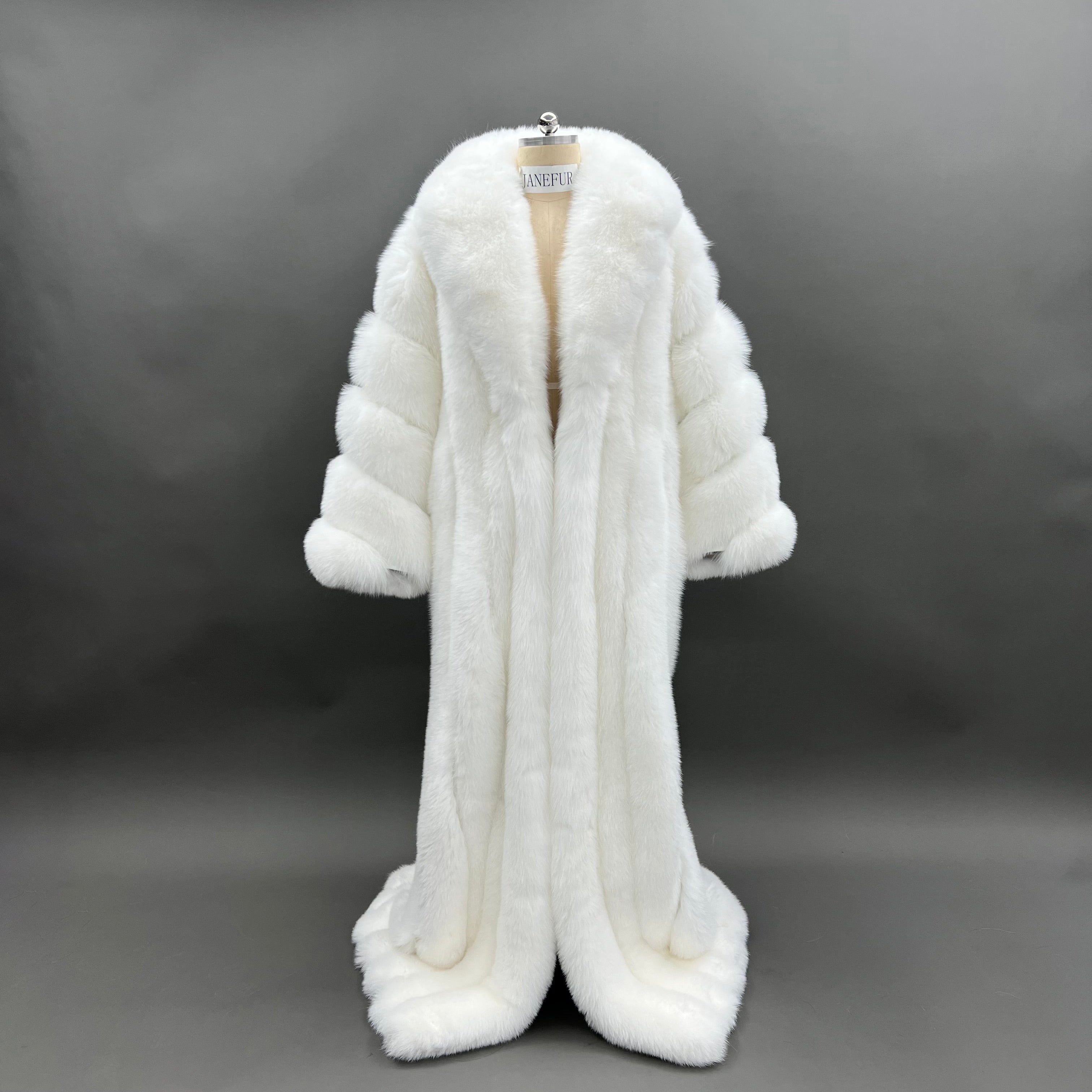 Women’s Extra Long Real Fox Fur Coat – Full-Length Luxury Fur Jacket with Wide Sleeves for Elegant Winter Fashion 1#White