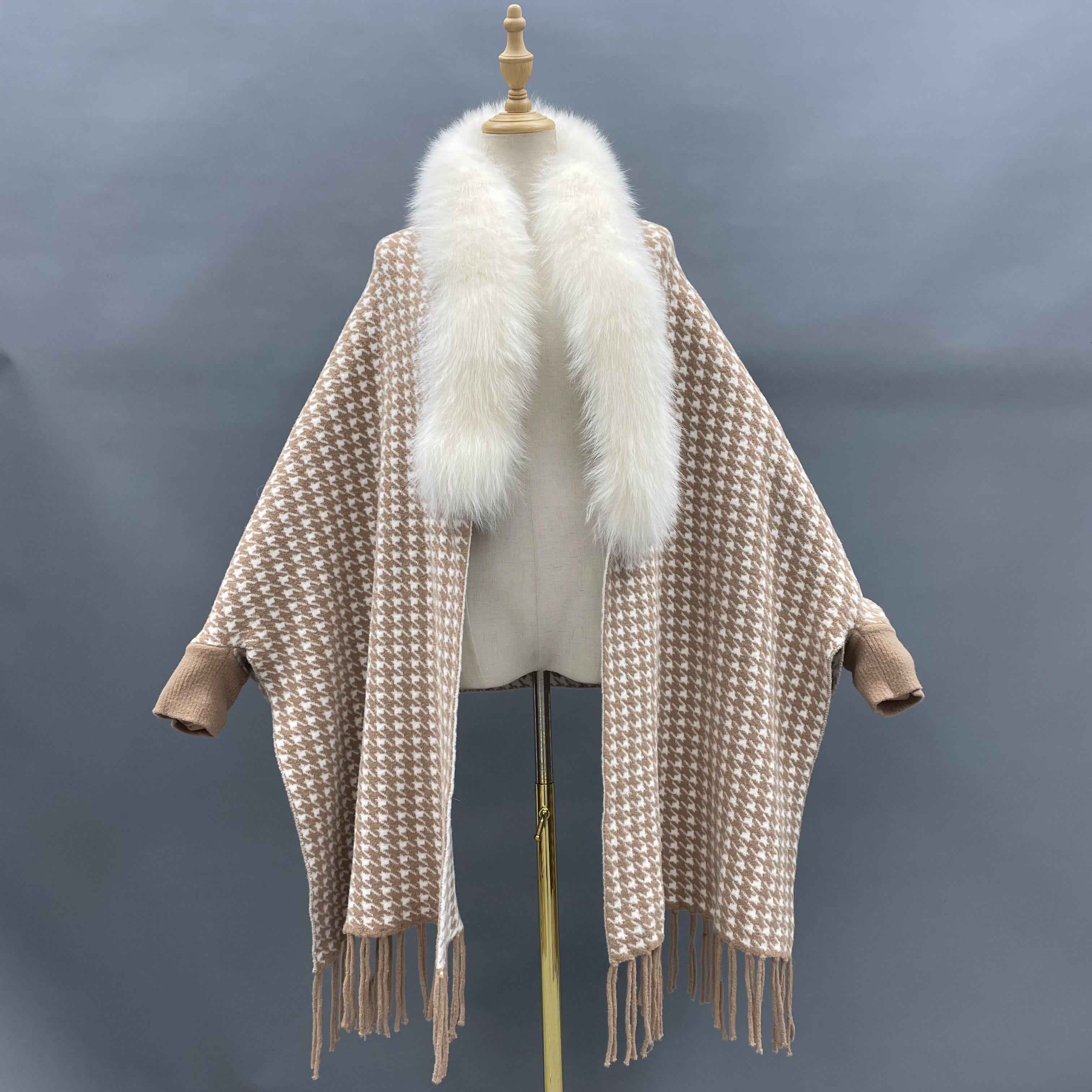 Women's Houndstooth Cape with Fox Fur Collar, Ribbed Cuffs & Fringe Detail - Luxurious Winter Outerwear