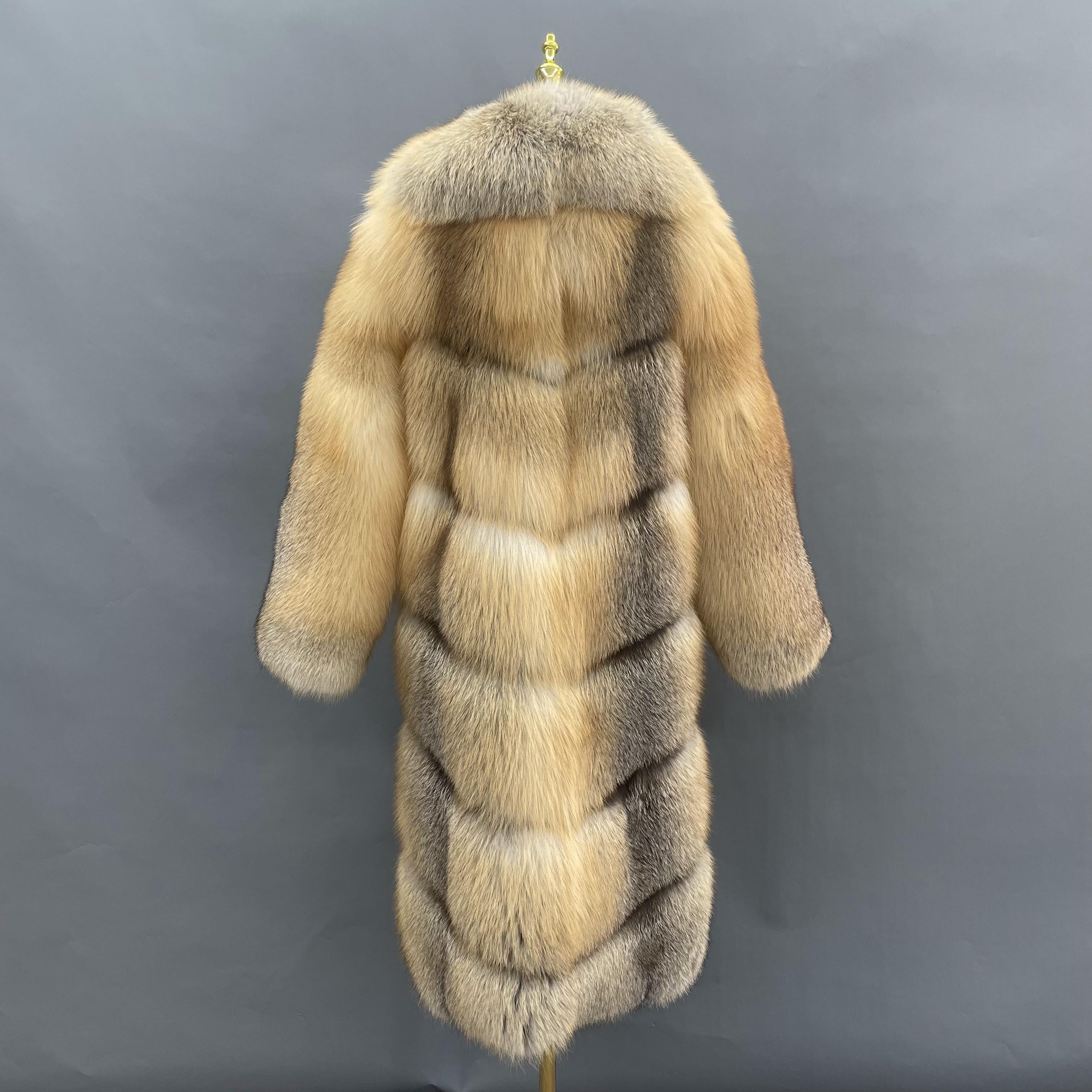 Women's Long Golden Island Fox Fur Coat with Extra Long Collar – Real Luxury Winter Fur Jacket
